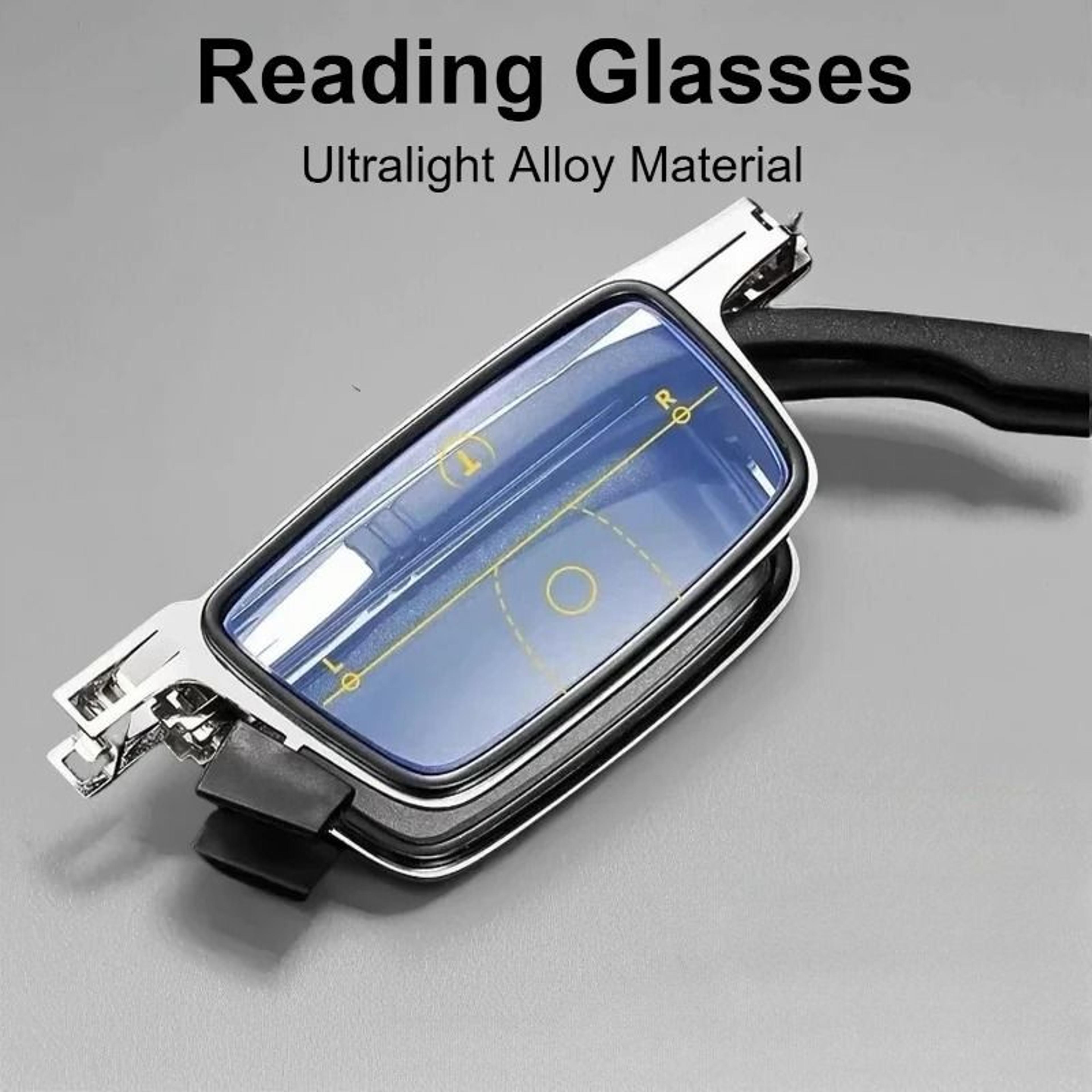 folding reading glasses with transparent lenses anti blue light metal frame and case