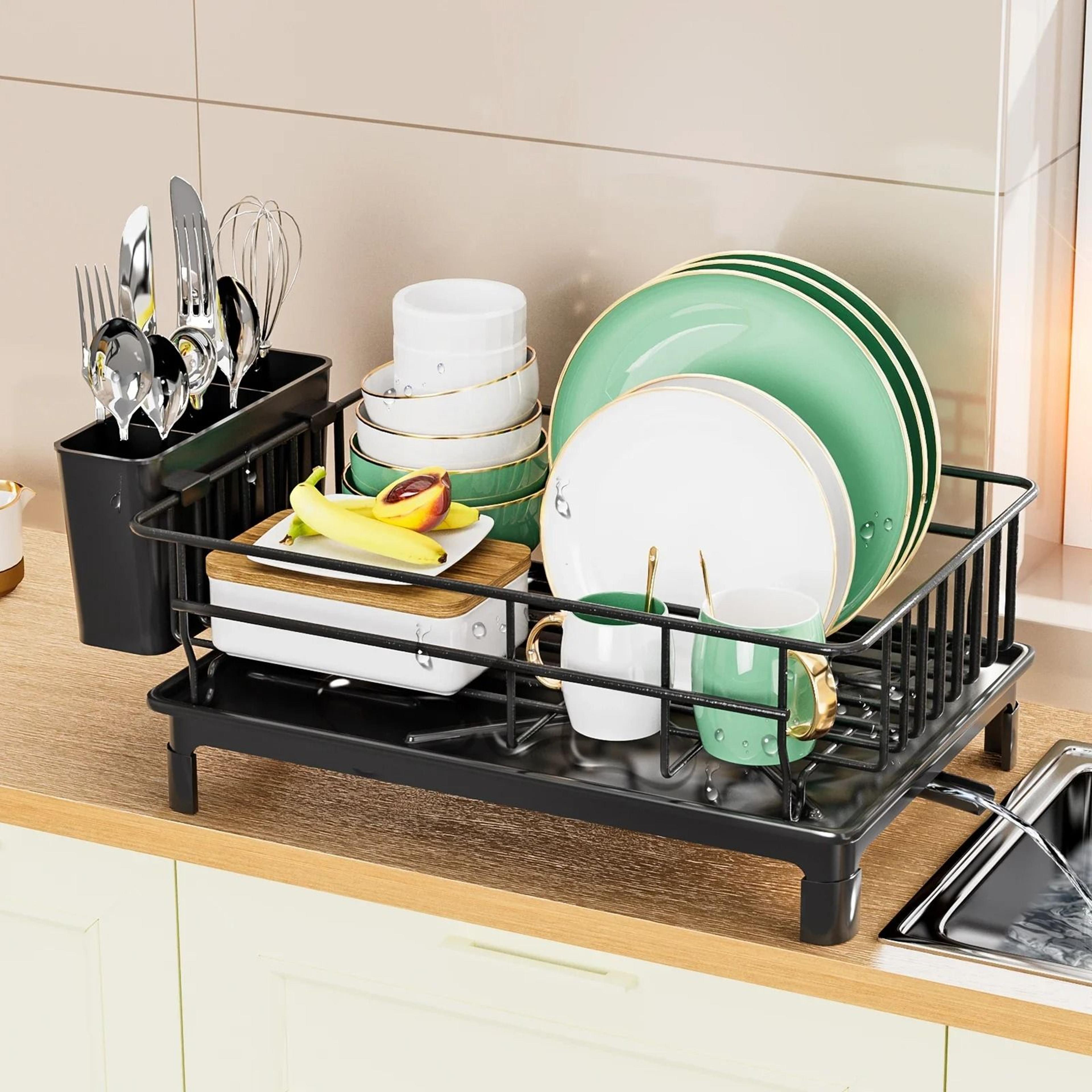 multi-functional dish drying rack with drain tray and cutlery holder