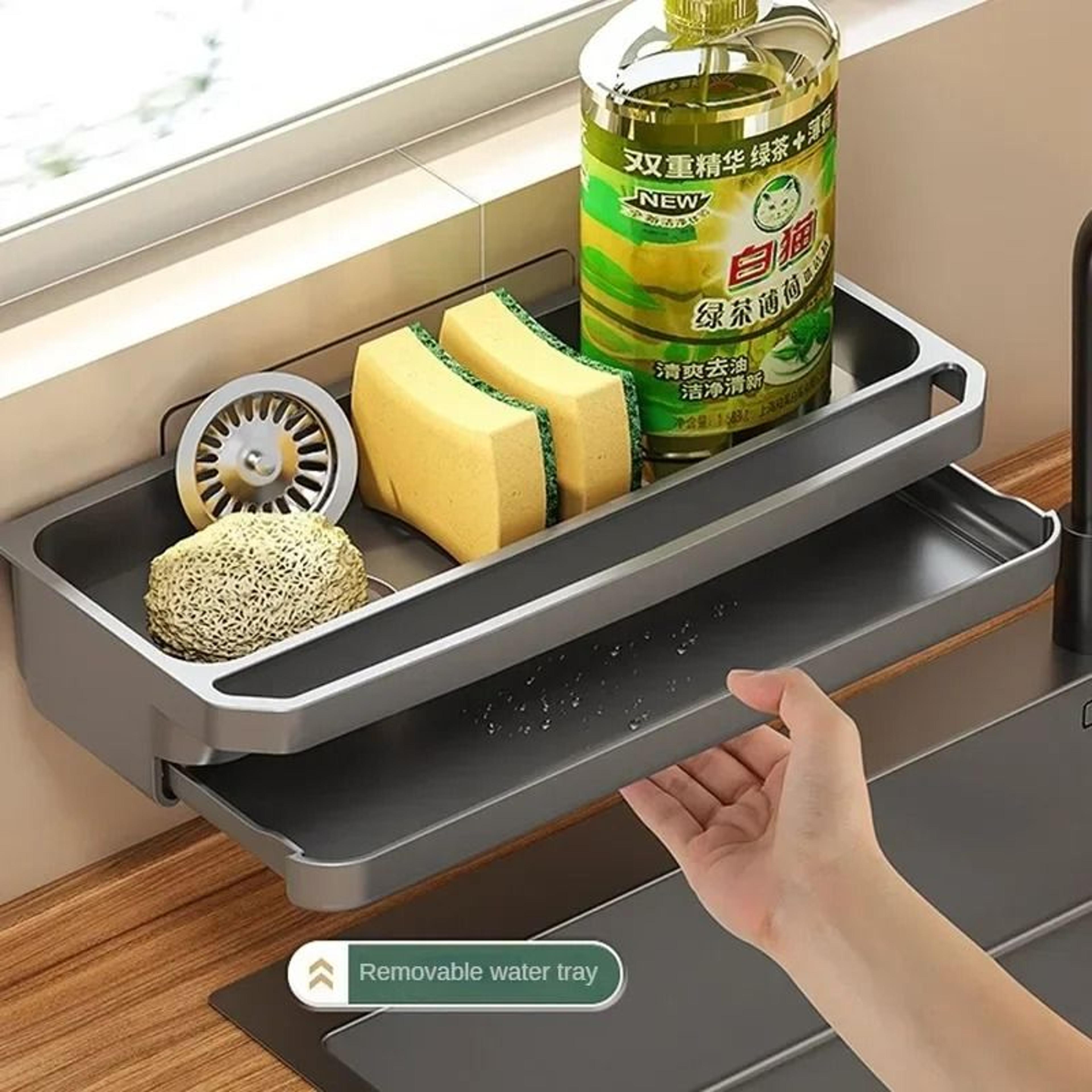 kitchen sink organizer rack with drain tray and towel holder
