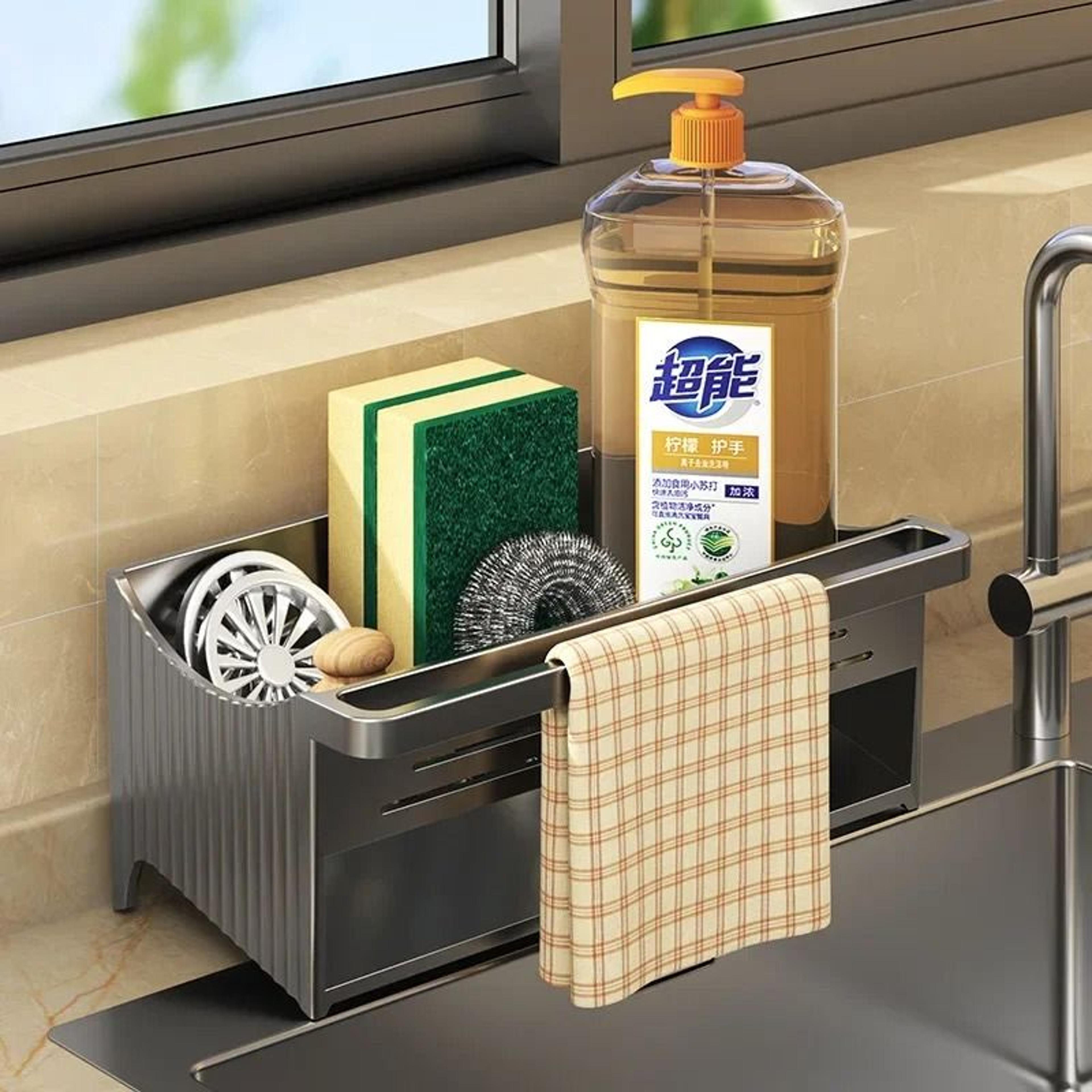 automatic drainage sink storage rack with sponge and towel holder