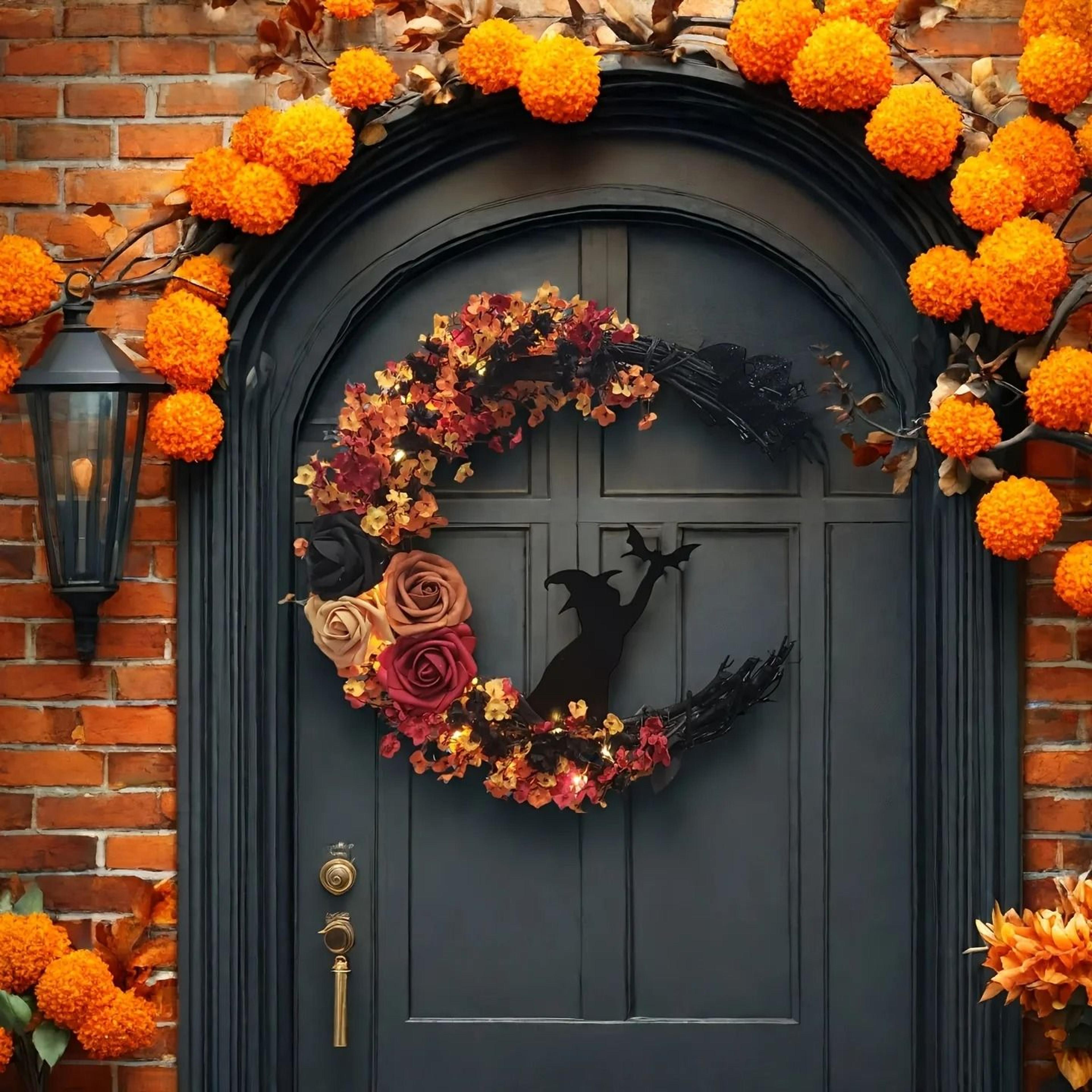 gothic halloween wreath with roses and witch cat silhouette