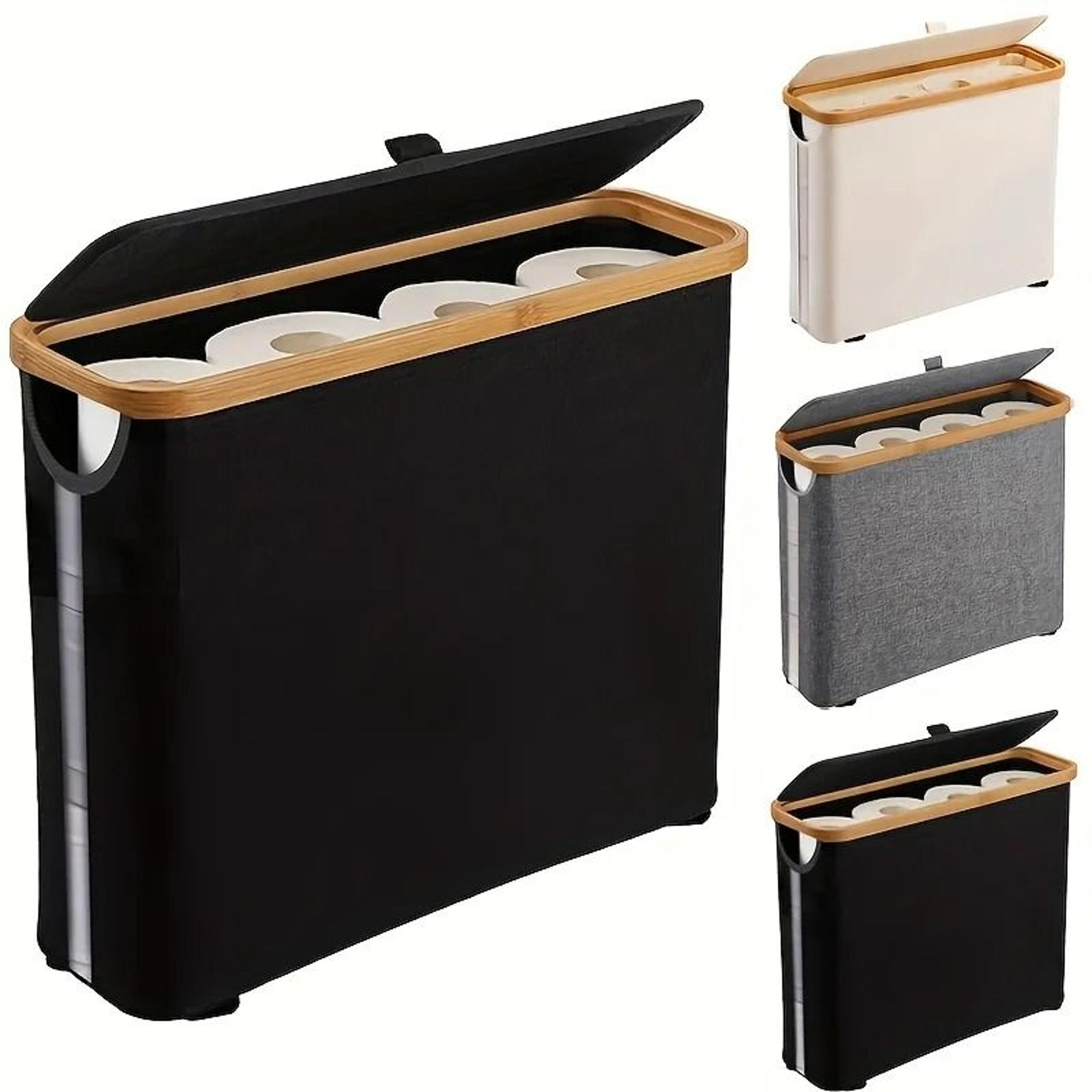 bohemian bamboo toilet paper holder with foldable storage basket