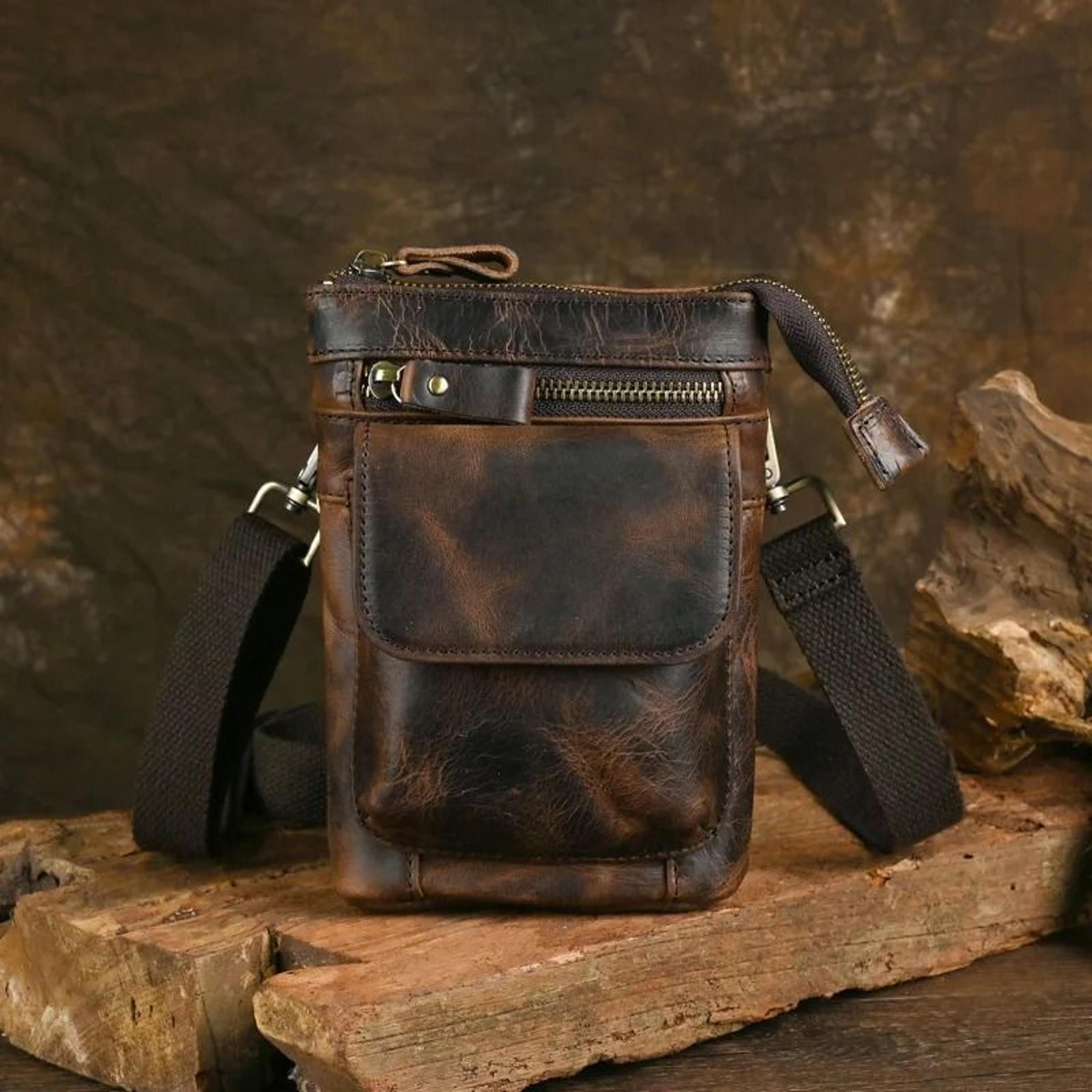 genuine leather vintage mens waist bag – multi-function crossbody belt pouch with split hook