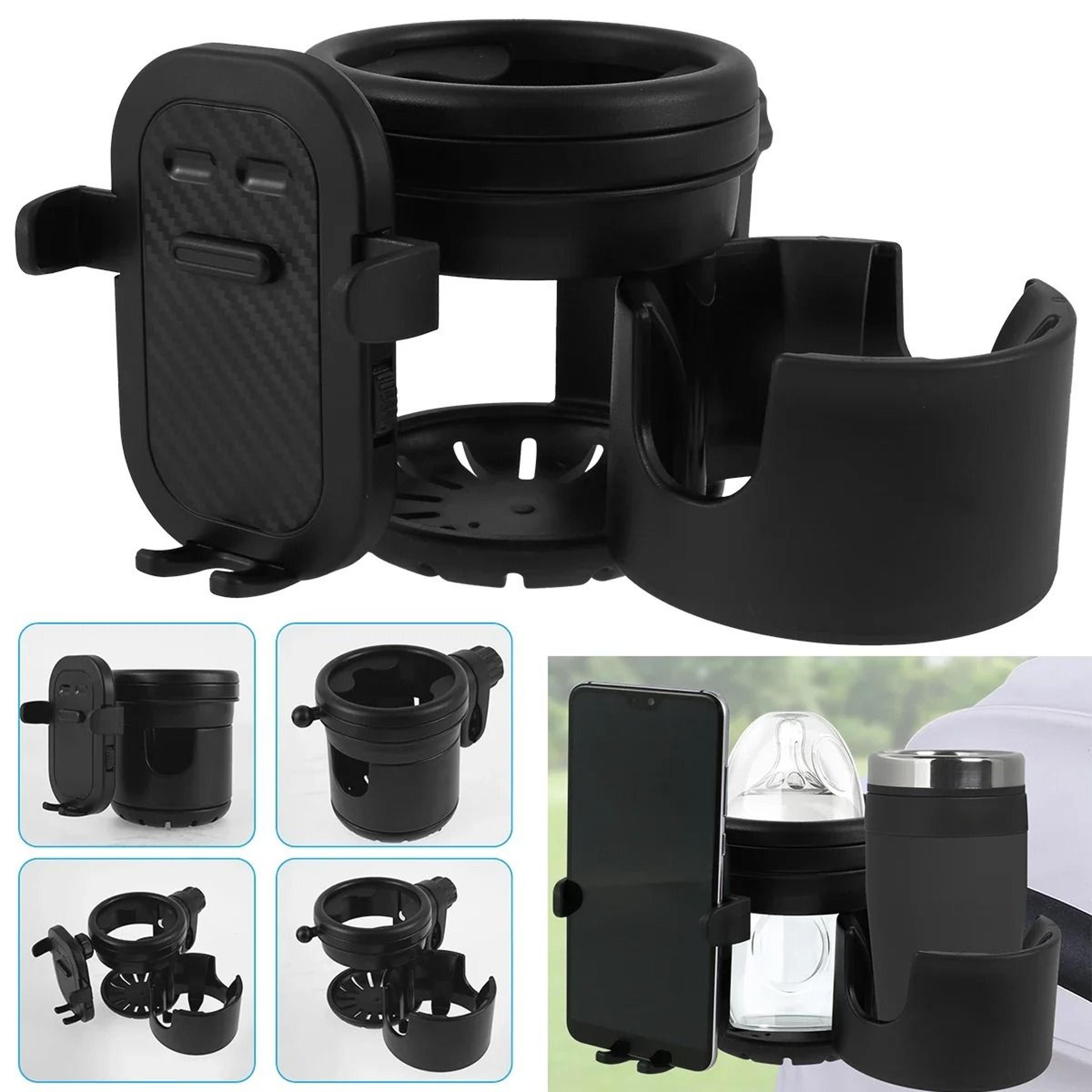 3-in-1 universal stroller cup holder with 360 rotating phone mount – double bottle organizer for baby strollers and tra