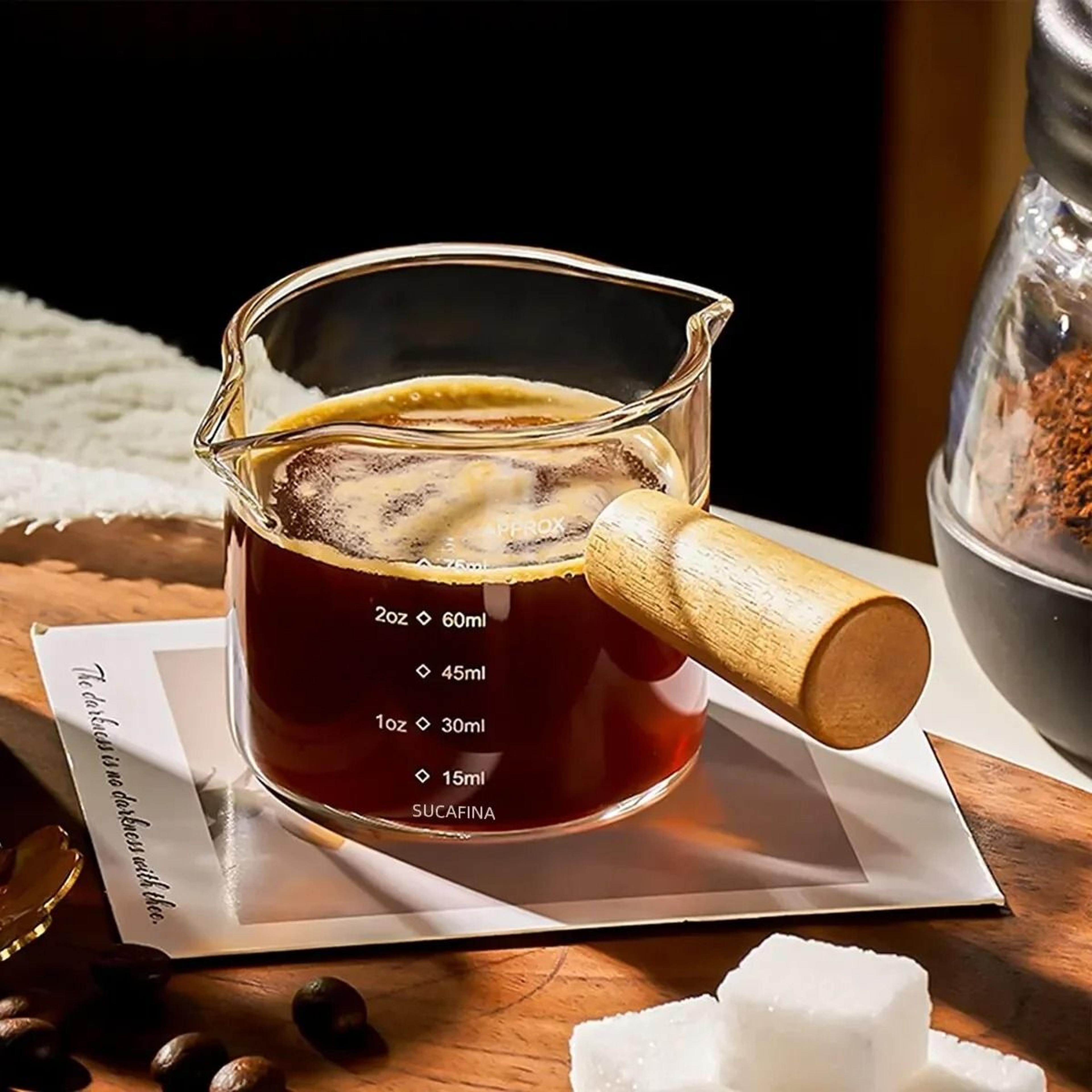 glass measuring cup with wooden handle – 75ml espresso shot cup and milk measuring mug for coffee and barista use