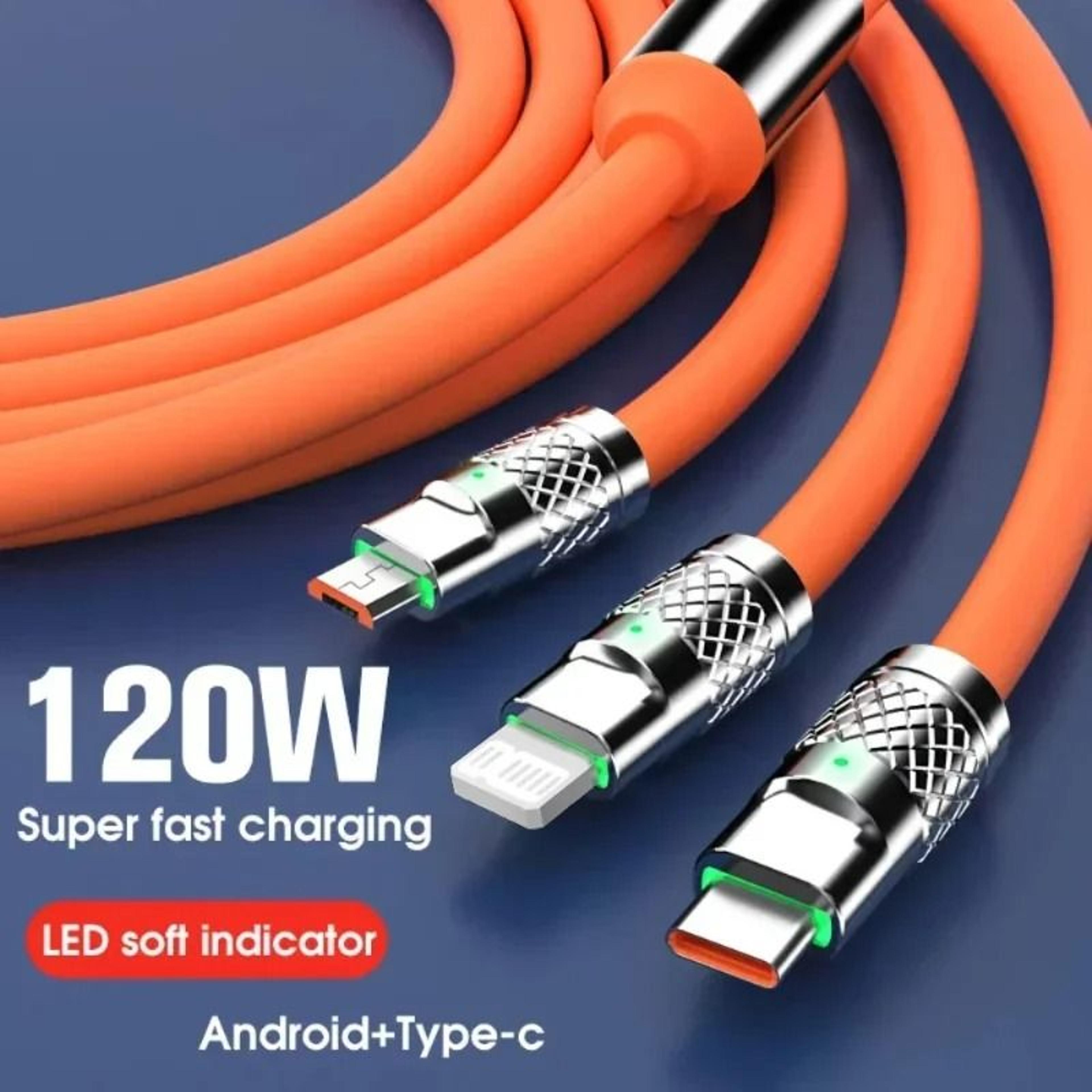 3-in-1 usb fast charging cable multi-port 6a 120w data cord for phones devices