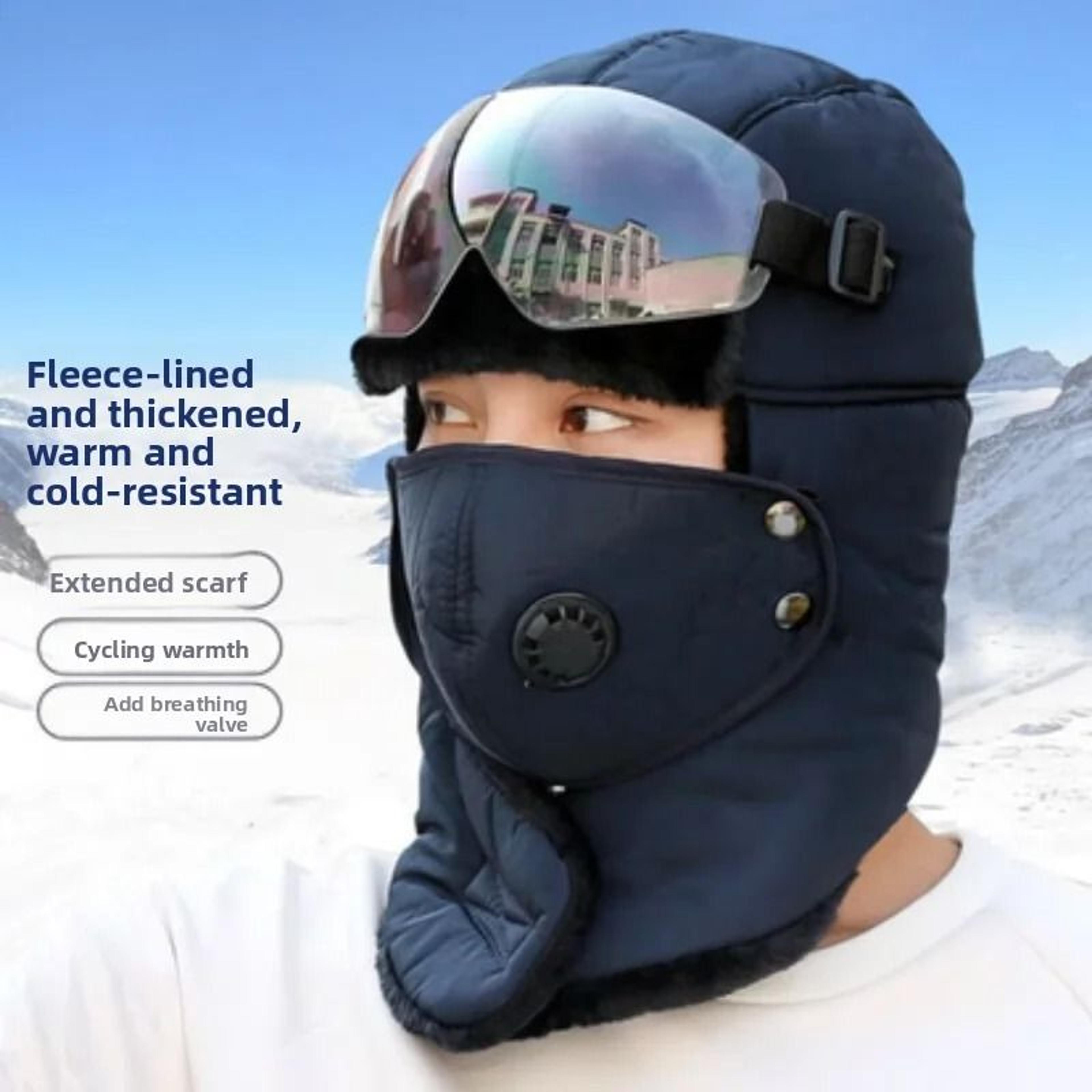 winter windproof ski hat with goggles – thick warm fleece cycling hood for men and women