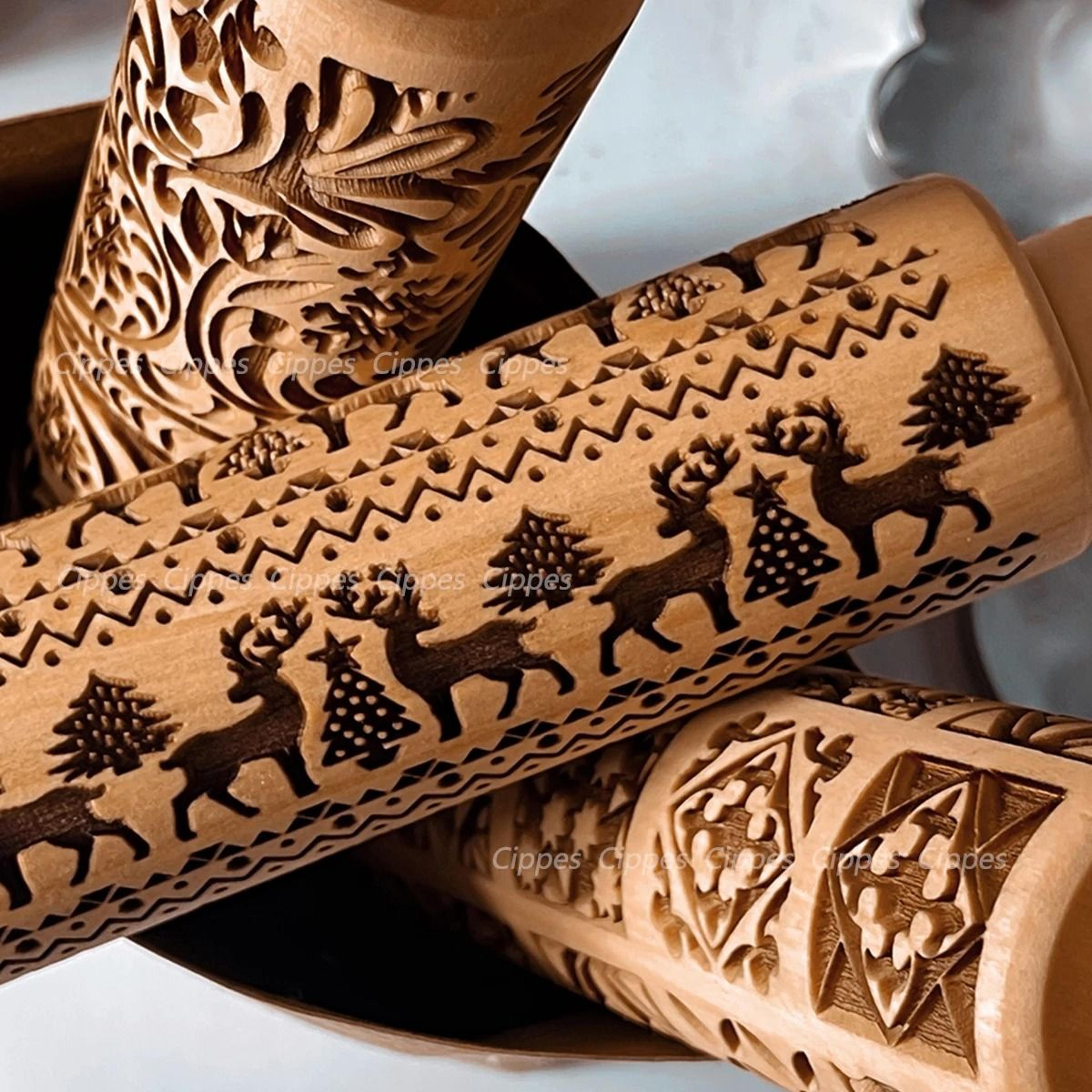 christmas wooden rolling pin with reindeer pattern embossed cookie roller