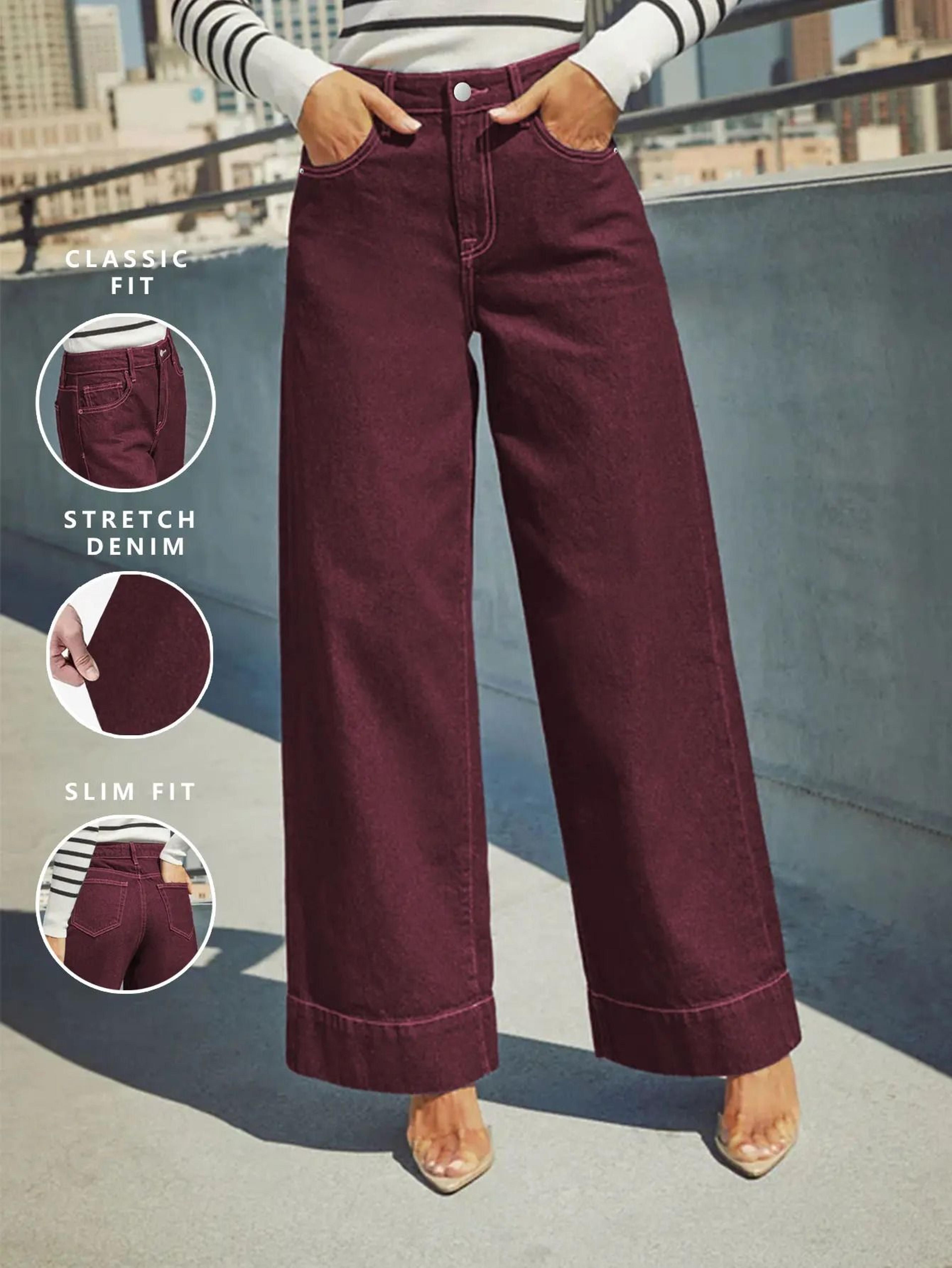 womens burgundy high waist stretch wide-leg jeans
