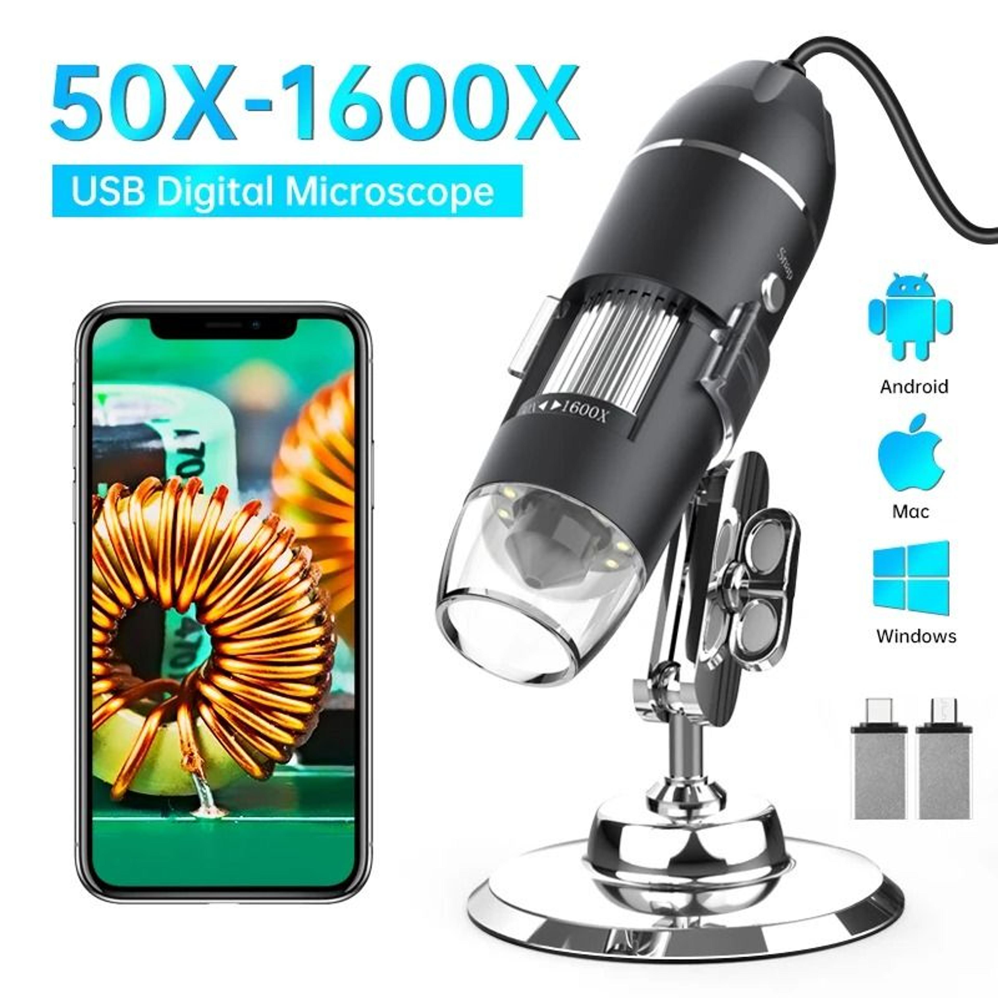 1600x usb digital microscope with 1080p hd camera and adjustable 8 led lights – compatible with android, mac, and window
