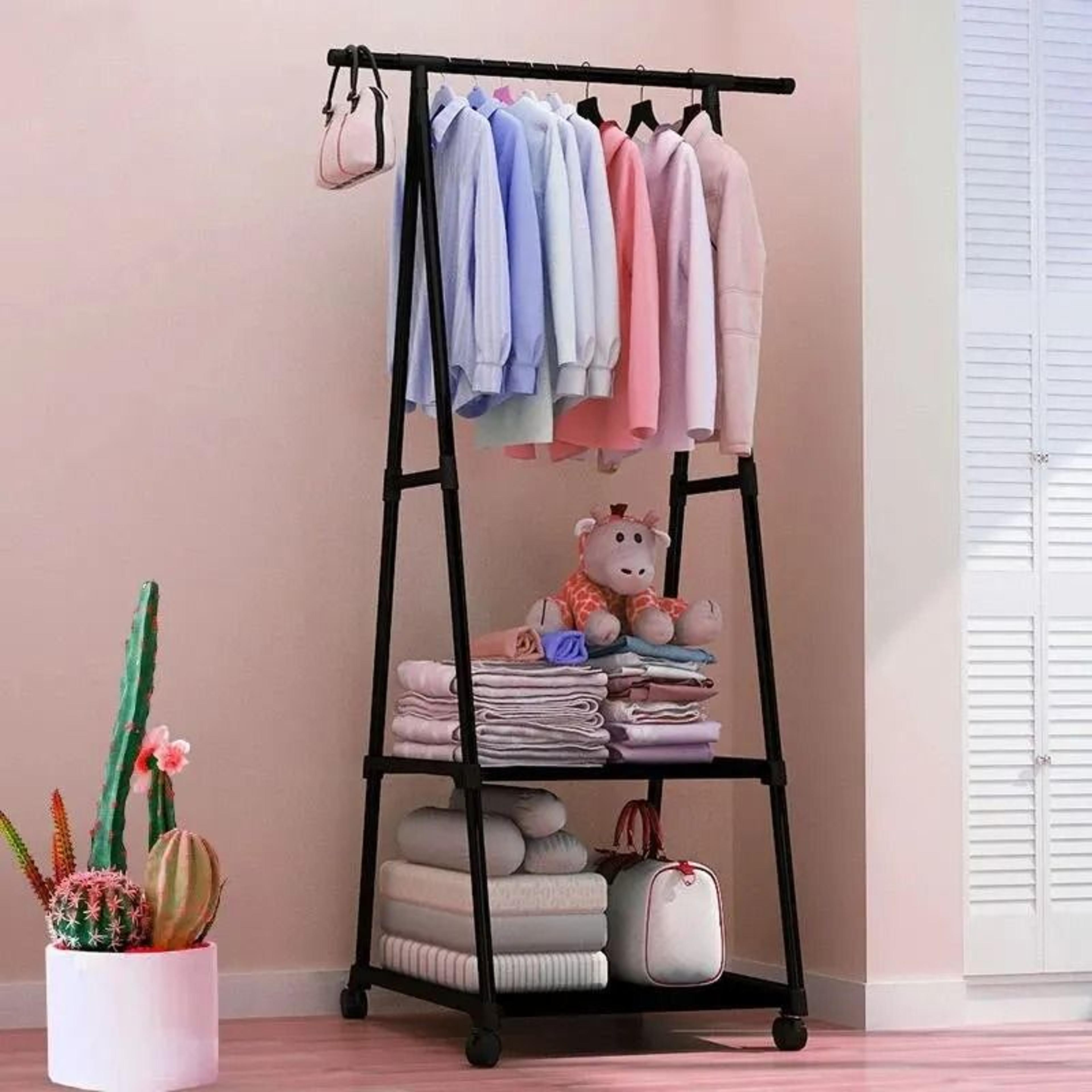 simple floor mounted clothes hanger rack with shelves and wheels