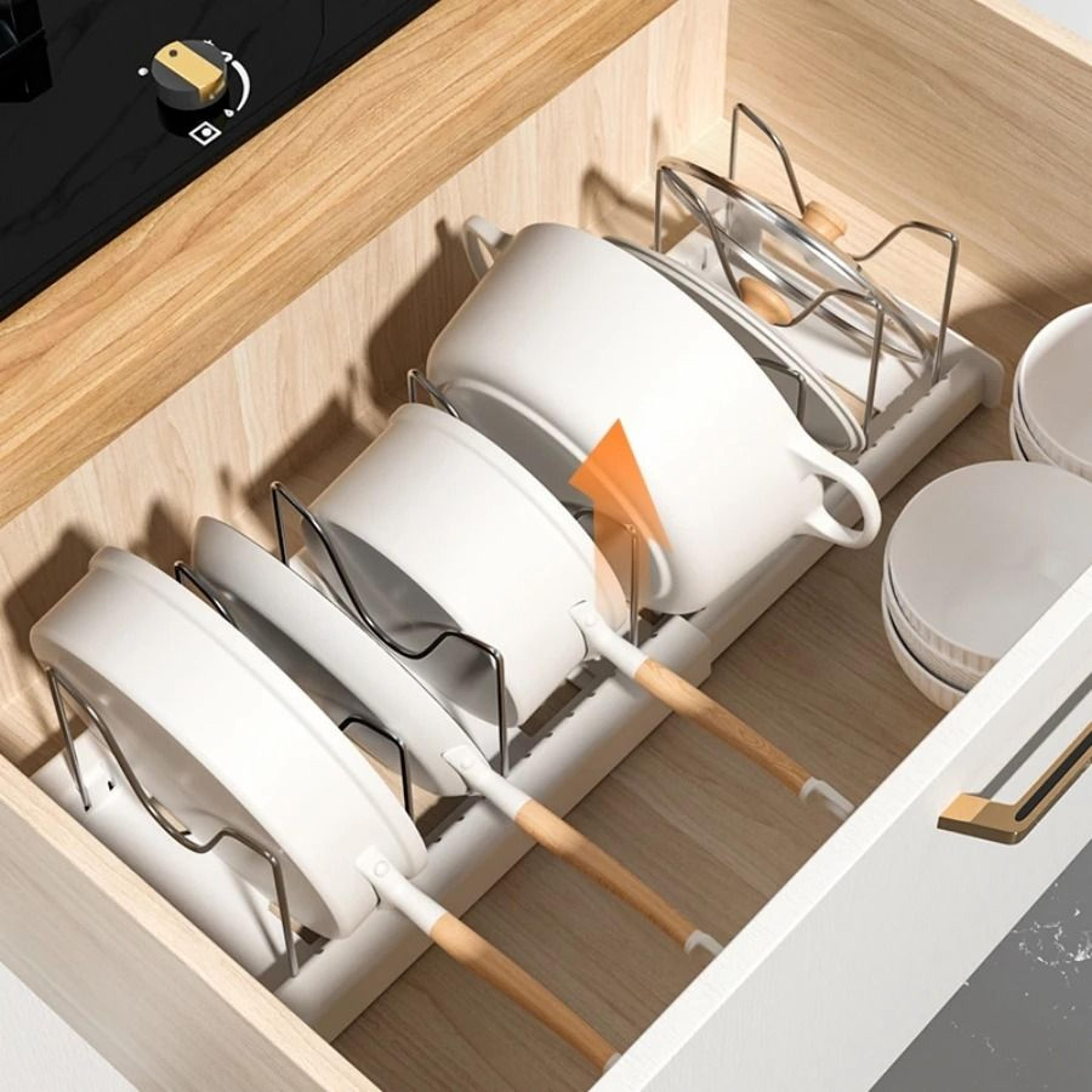 foldable kitchen pot lid organizer rack adjustable storage shelf for cookware and utensils
