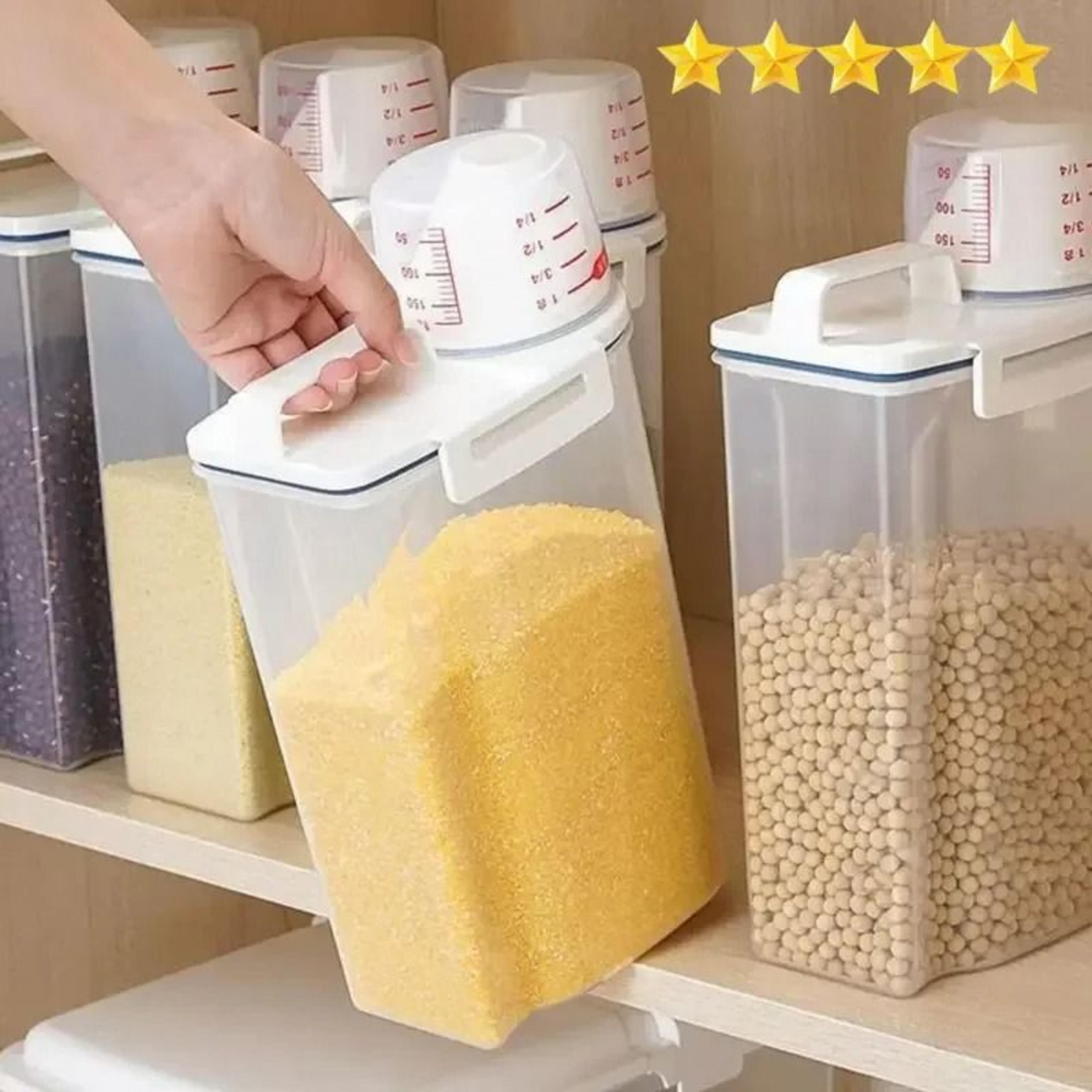 rice and grains food storage canister with measuring cup lid