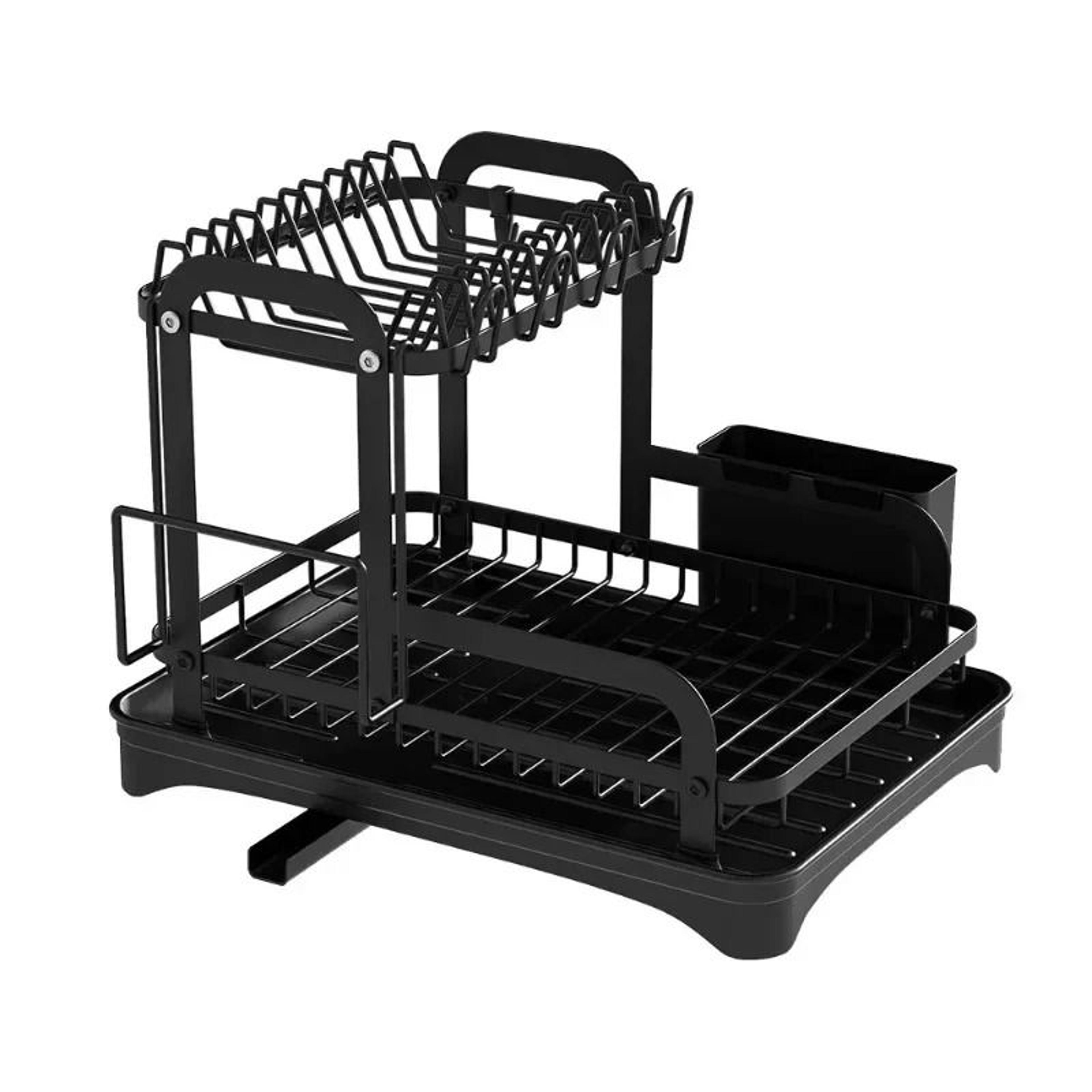 2 tier dish drying rack with drain tray and utensil organizer