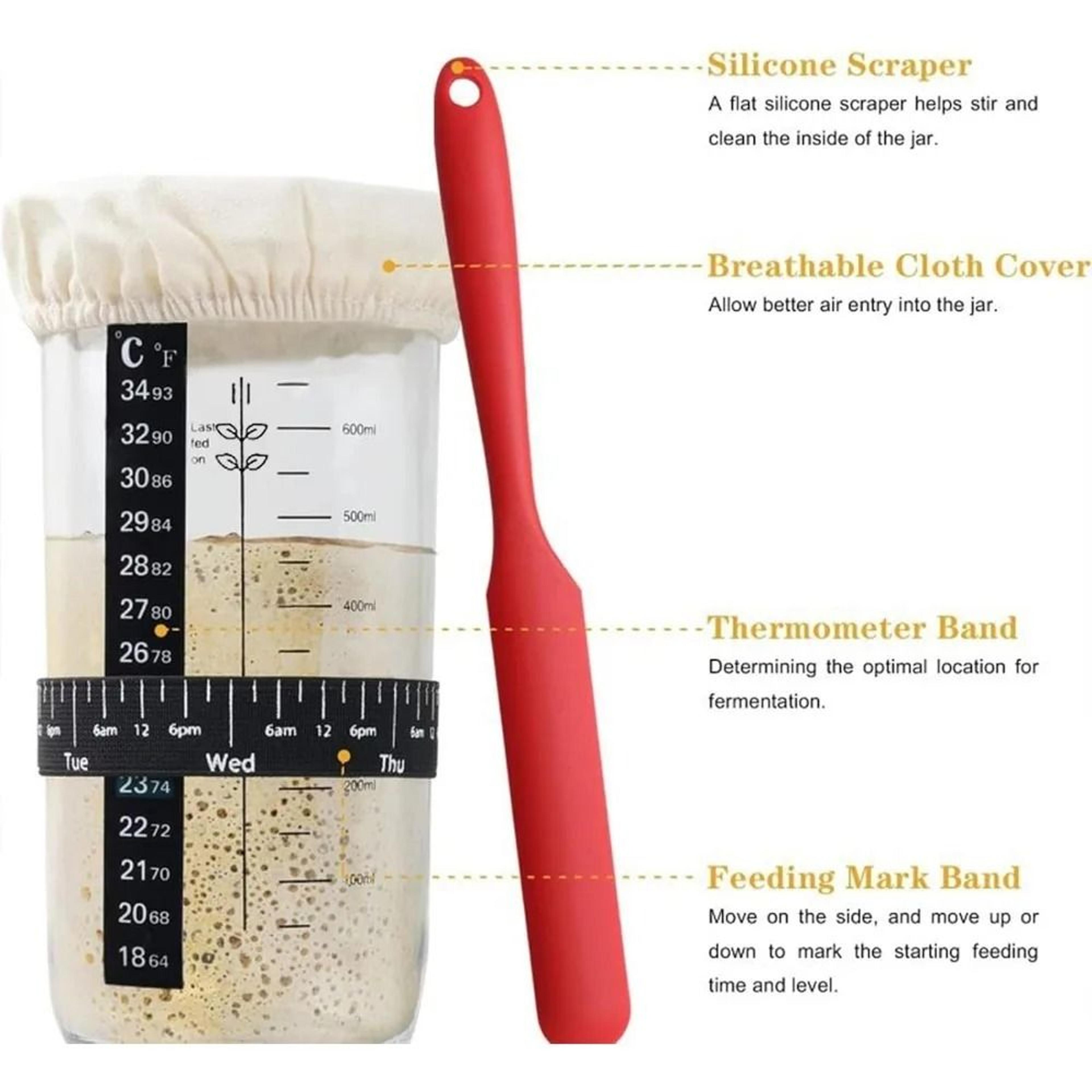 sourdough starter container with feeding band thermometer and silicone scraper 24 oz