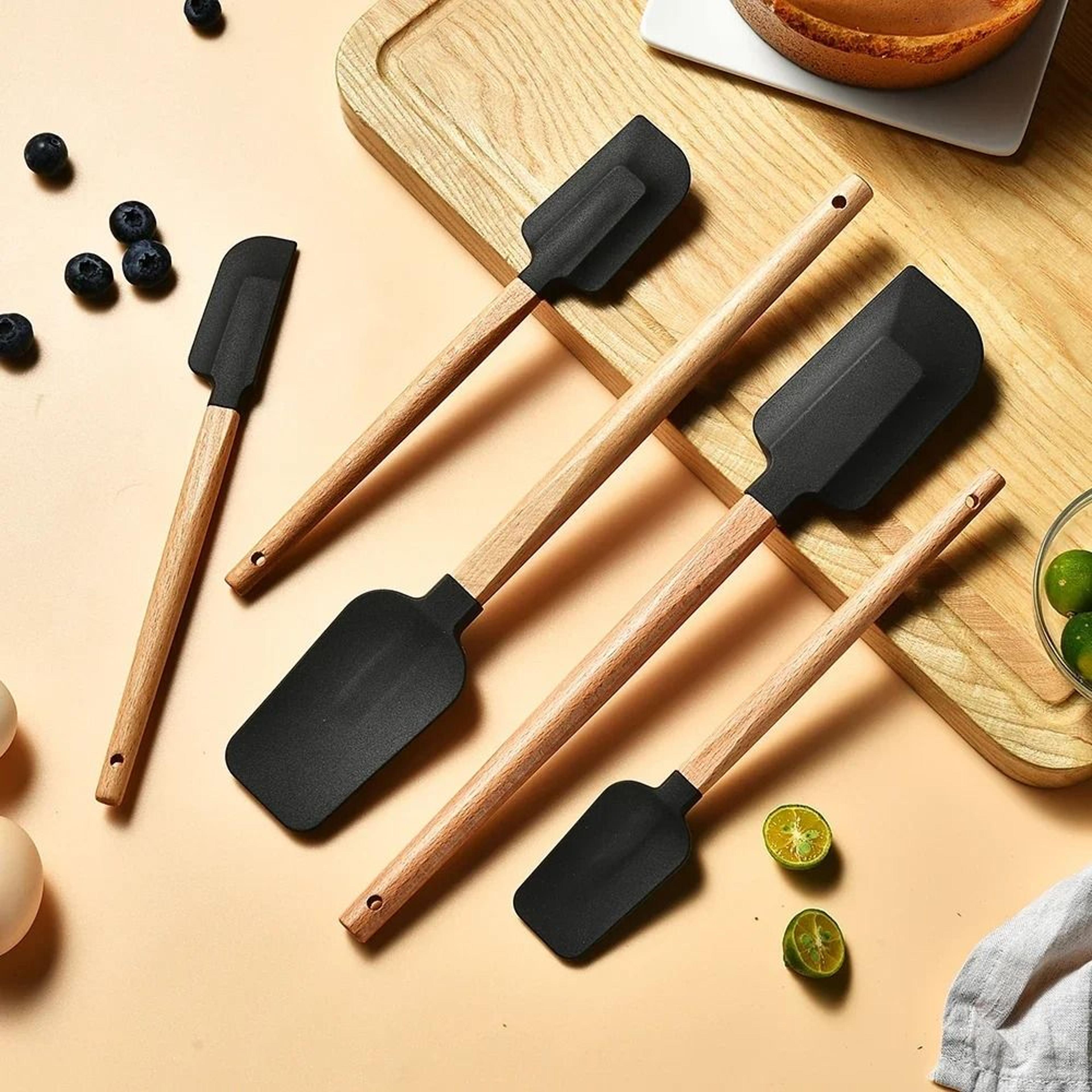 silicone spatula set with wooden handles for baking and mixing