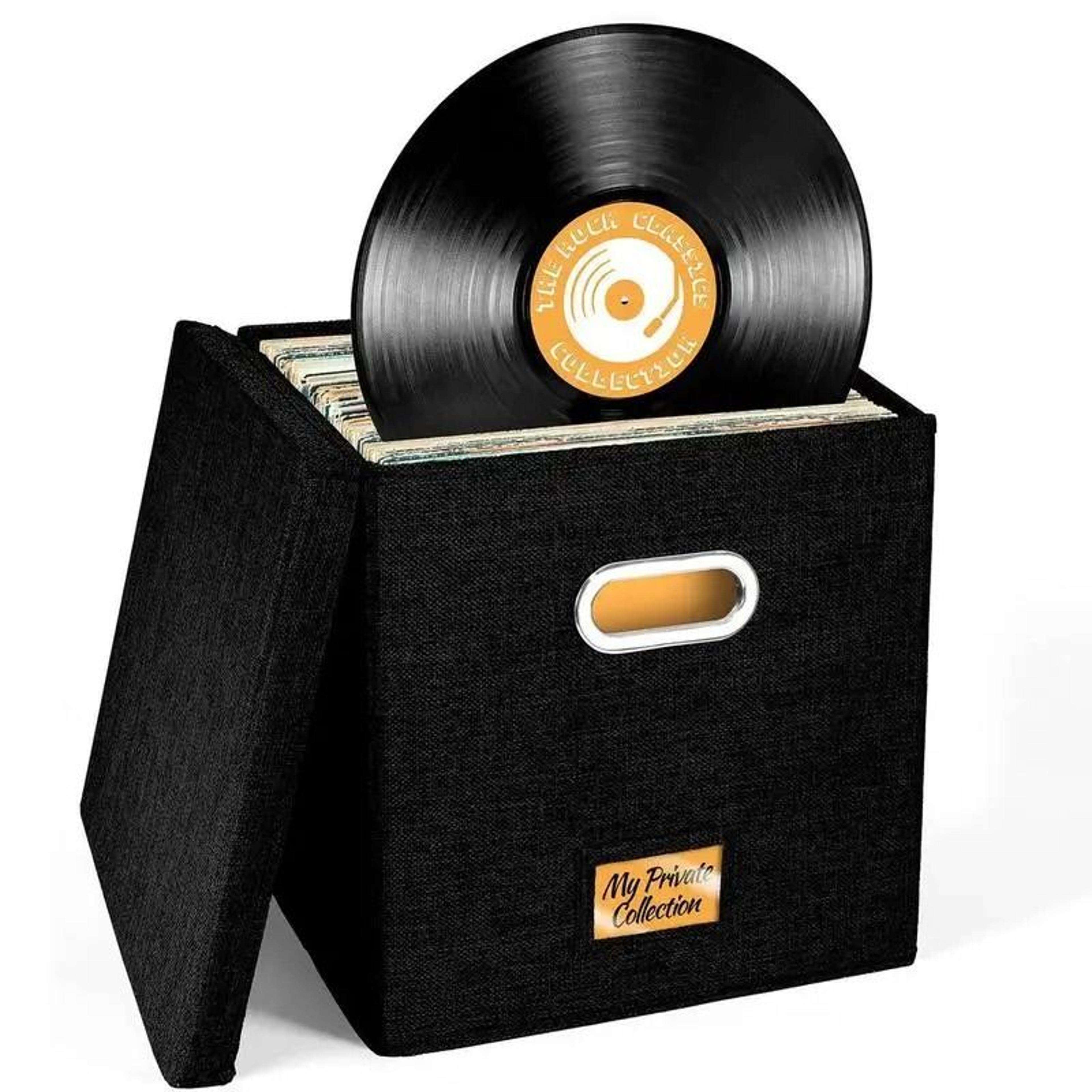 vinyl record storage box for 12-inch lp albums with lid and handles