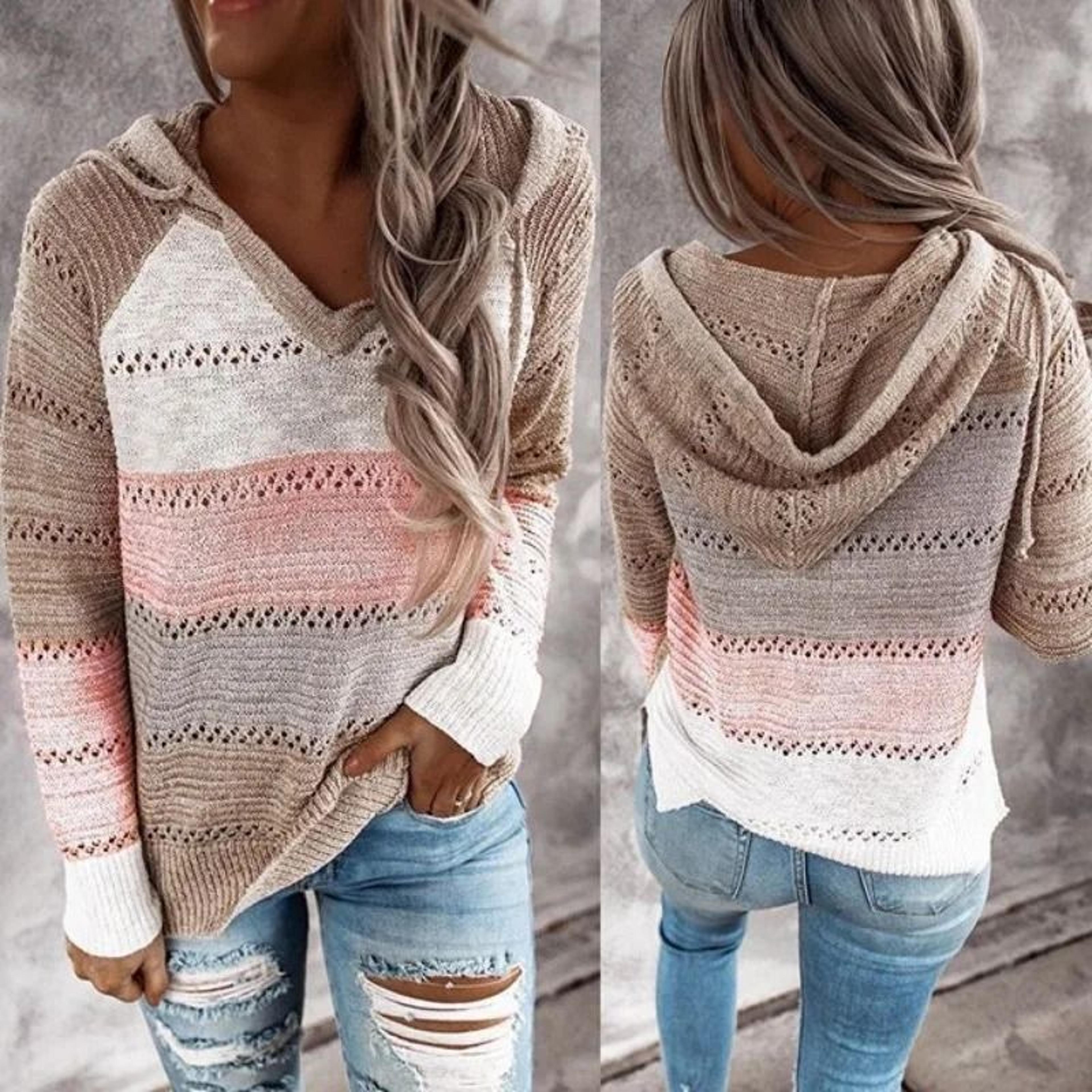 women patchwork hooded sweater long sleeve knit pullover