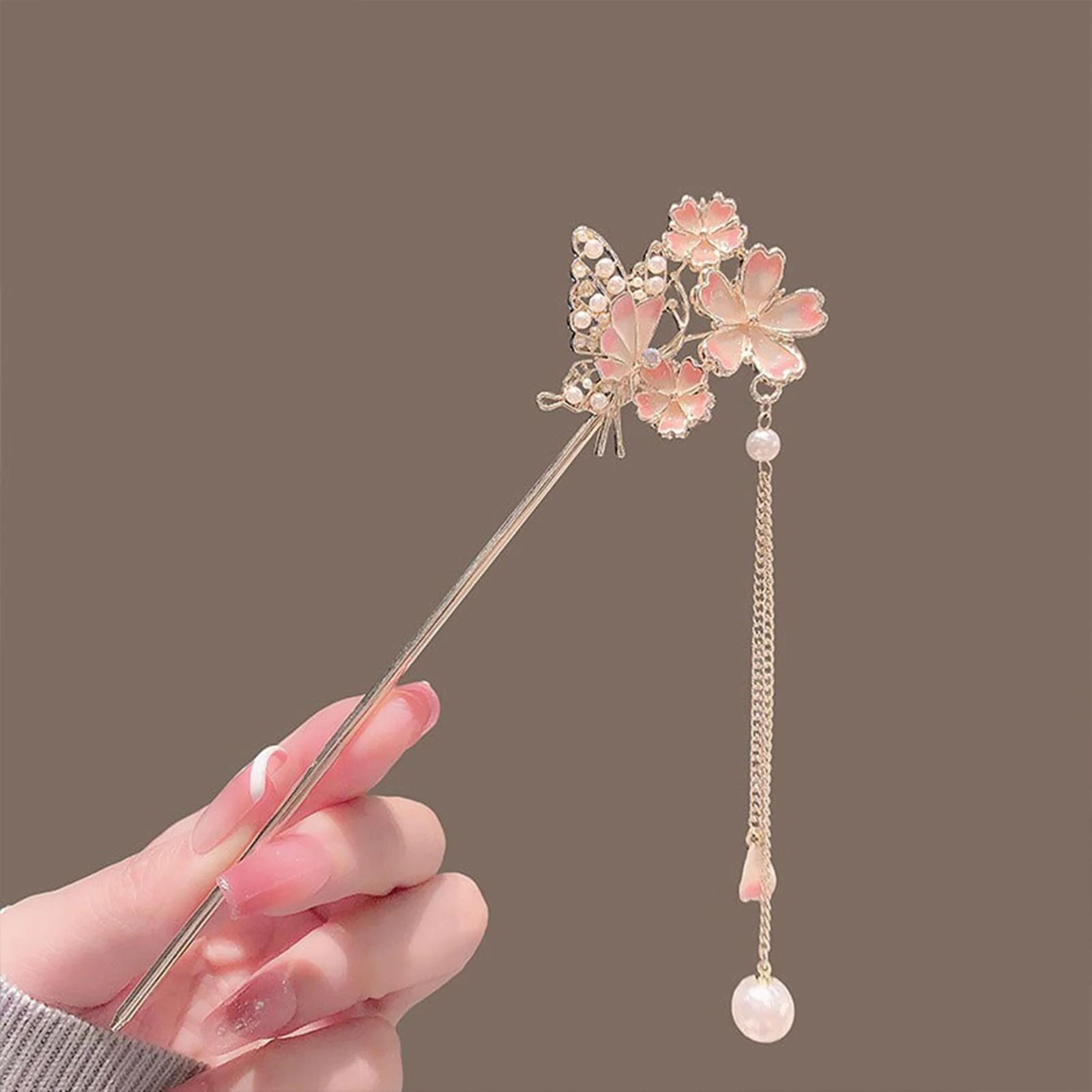 pink flower butterfly pearl hair stick for women