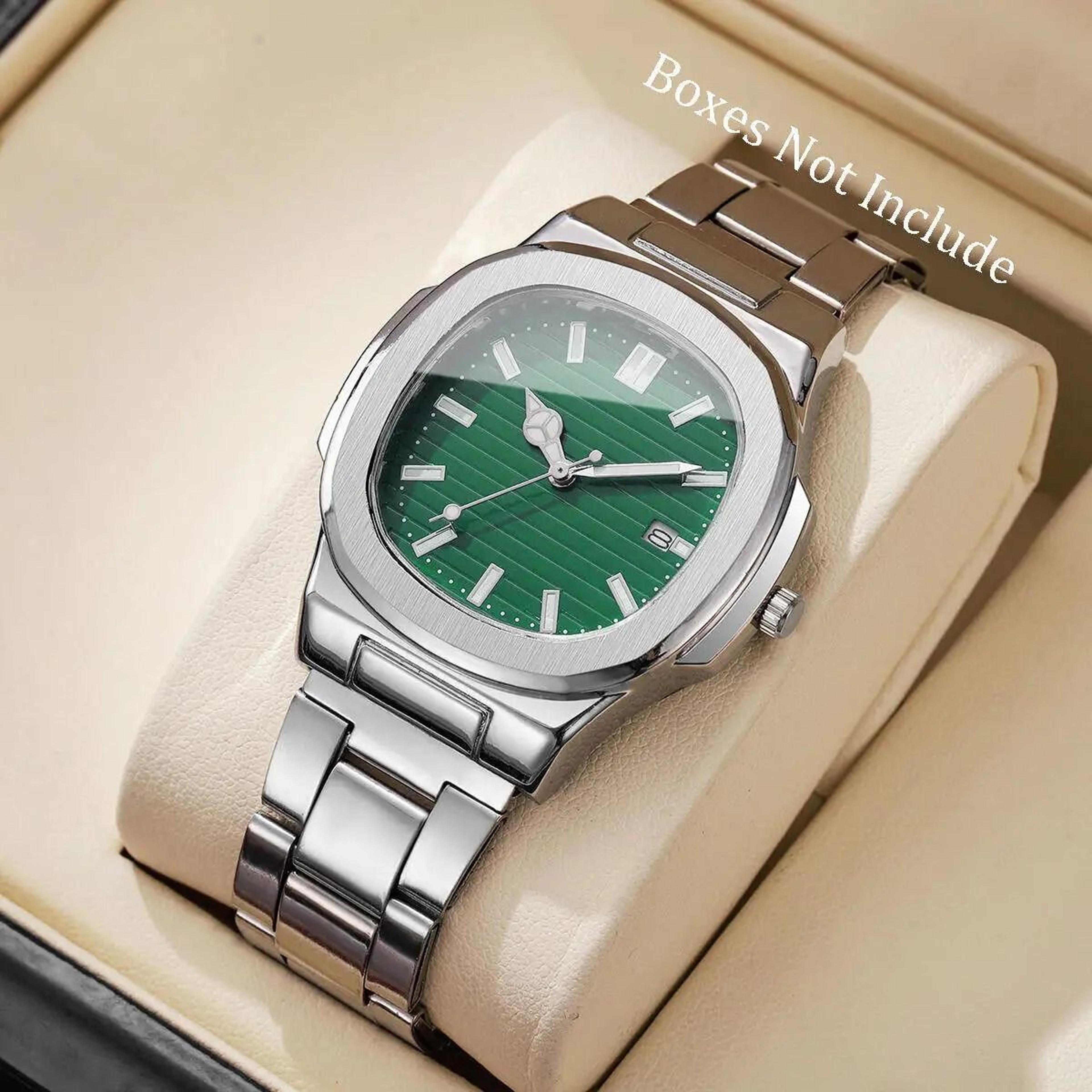 men square dial stainless steel quartz watch with calendar