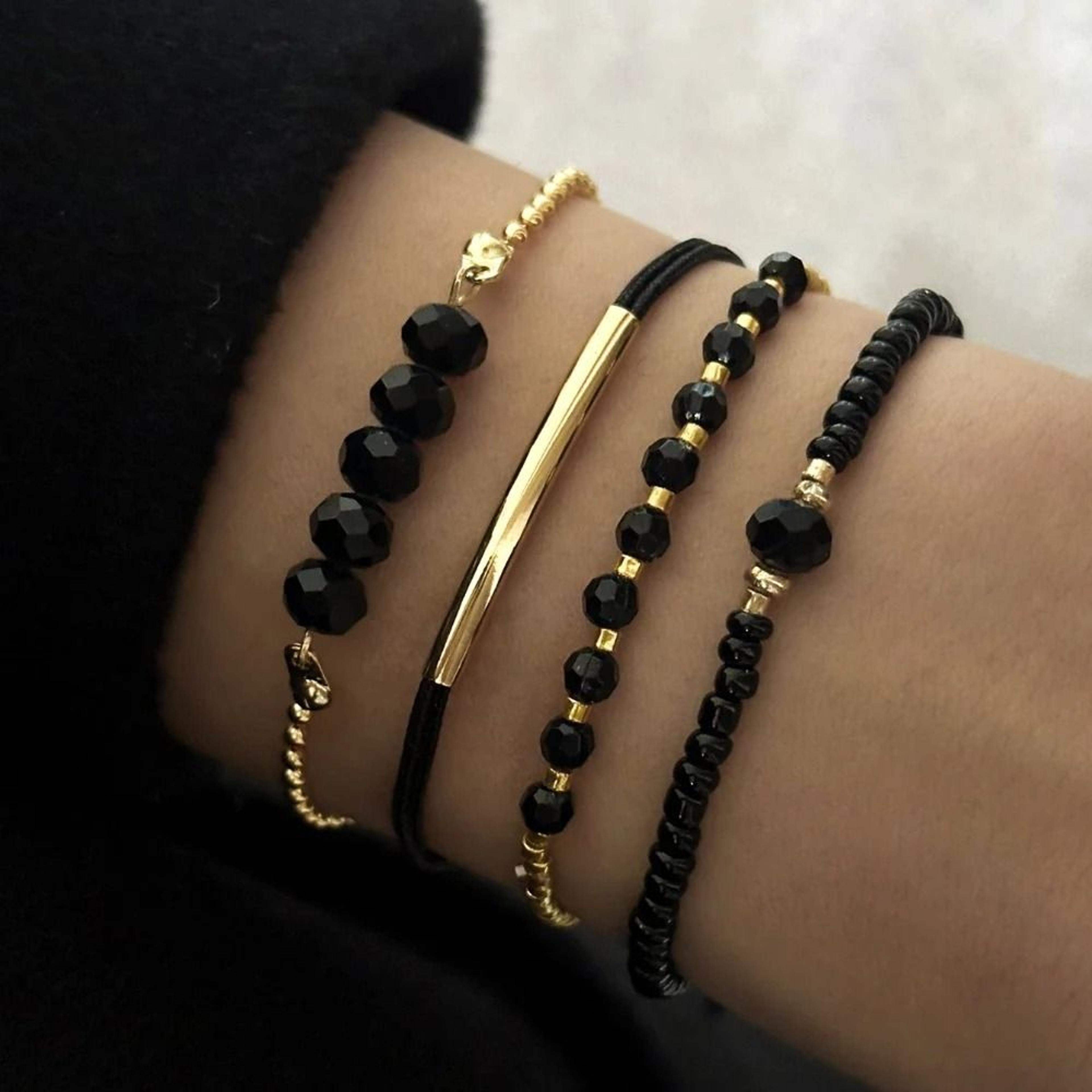 4 piece black glass stone bracelet set