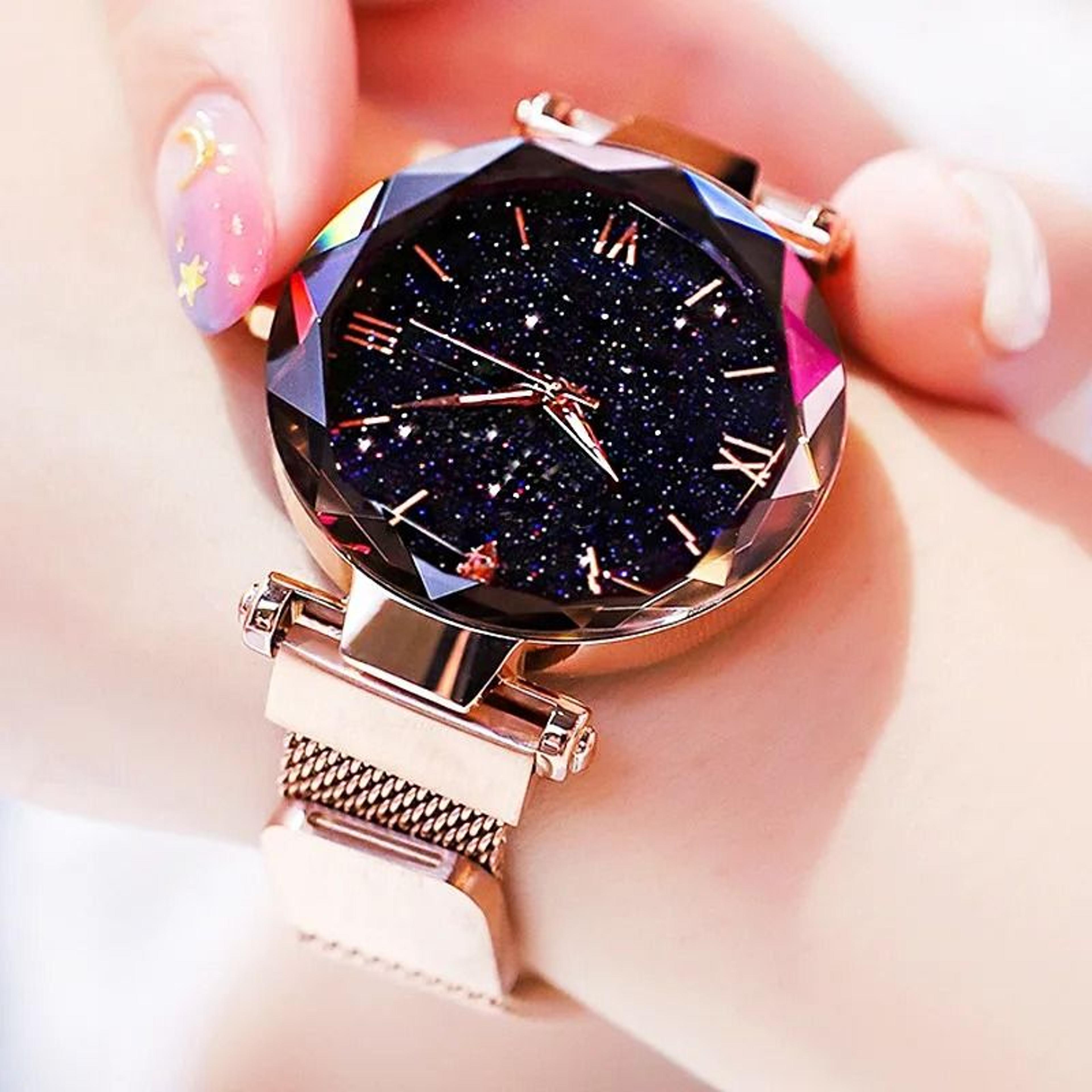 womens starry sky quartz watch with magnetic mesh strap