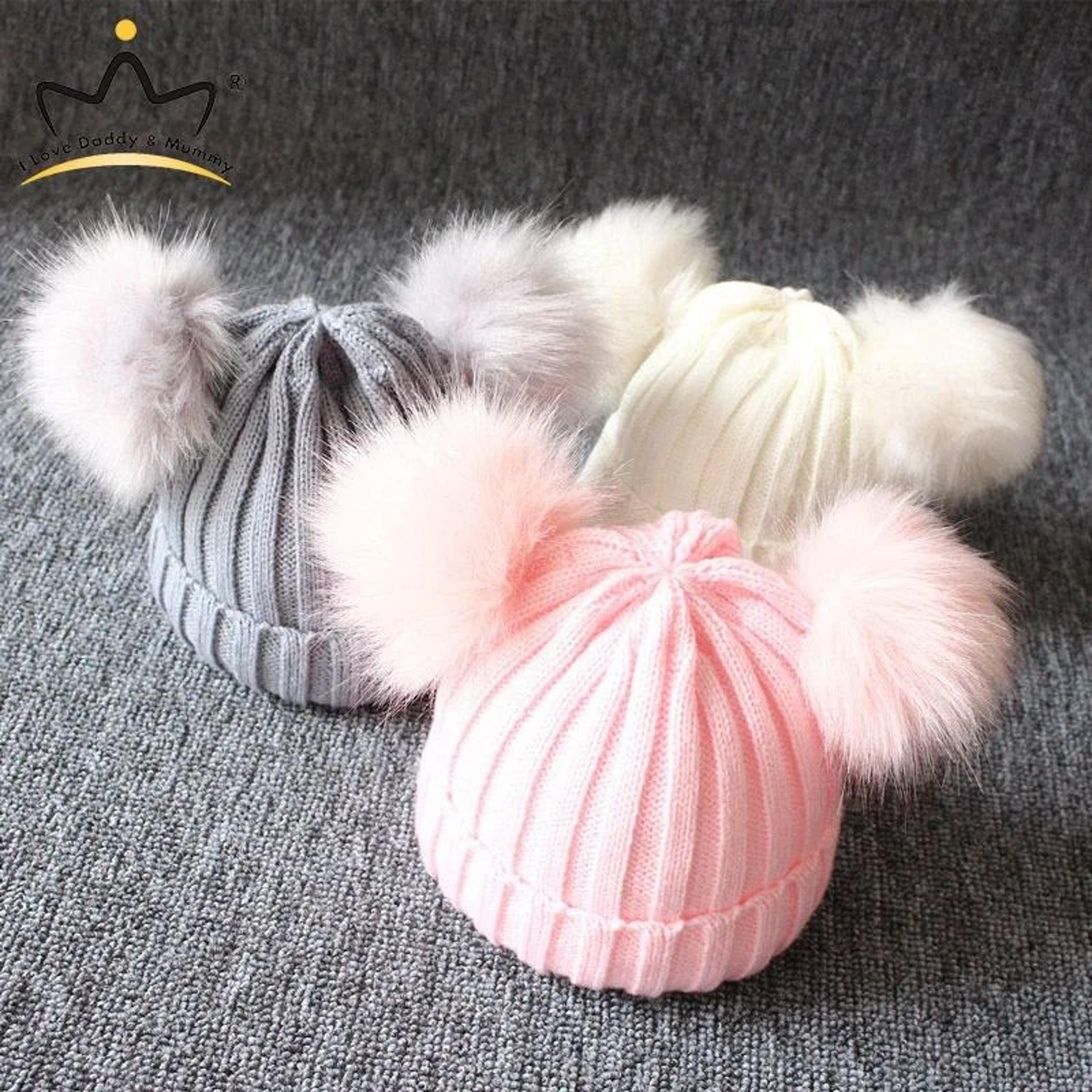 cute pompom knitted winter baby hat