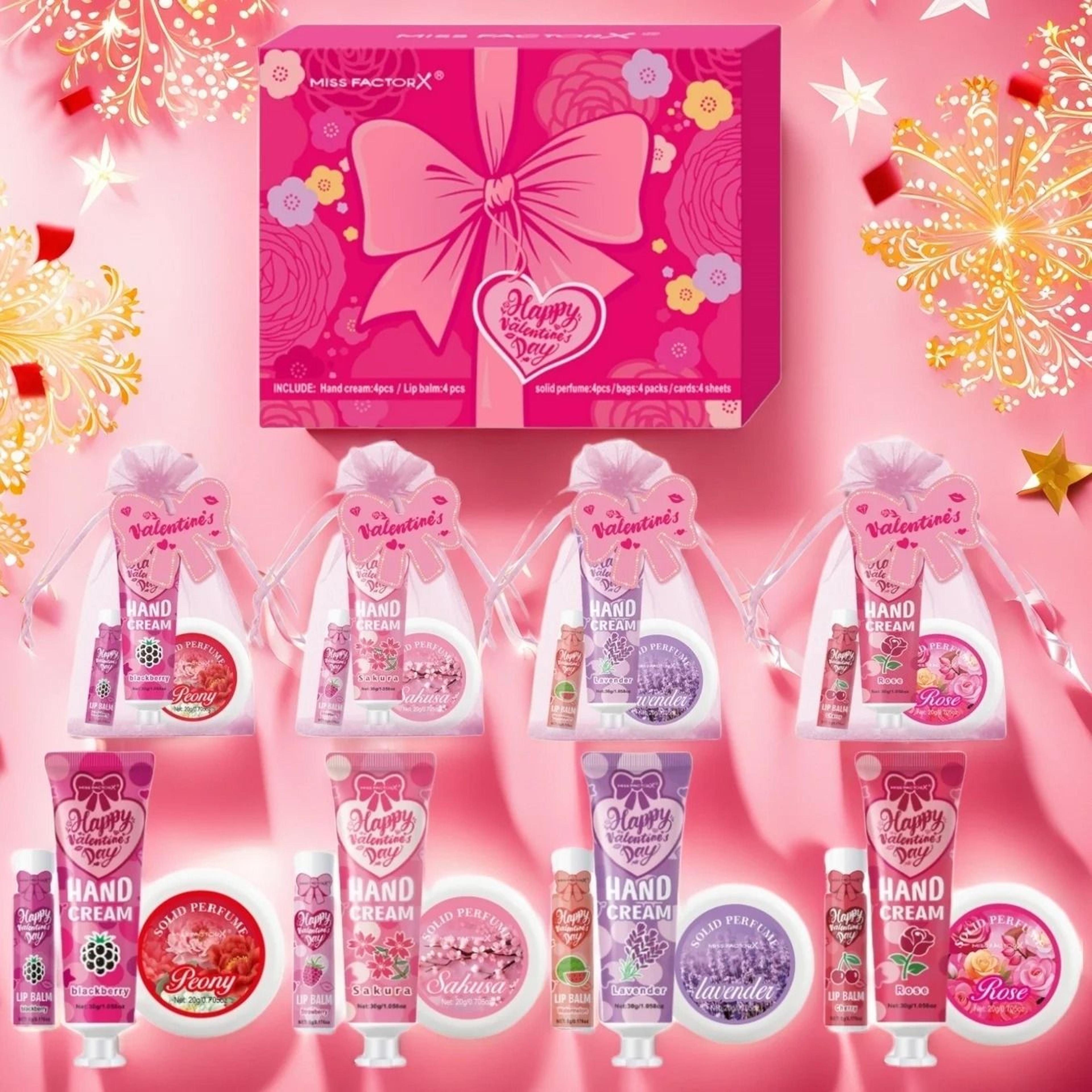 20 piece gift set with lip balm hand cream perfume and gift bags