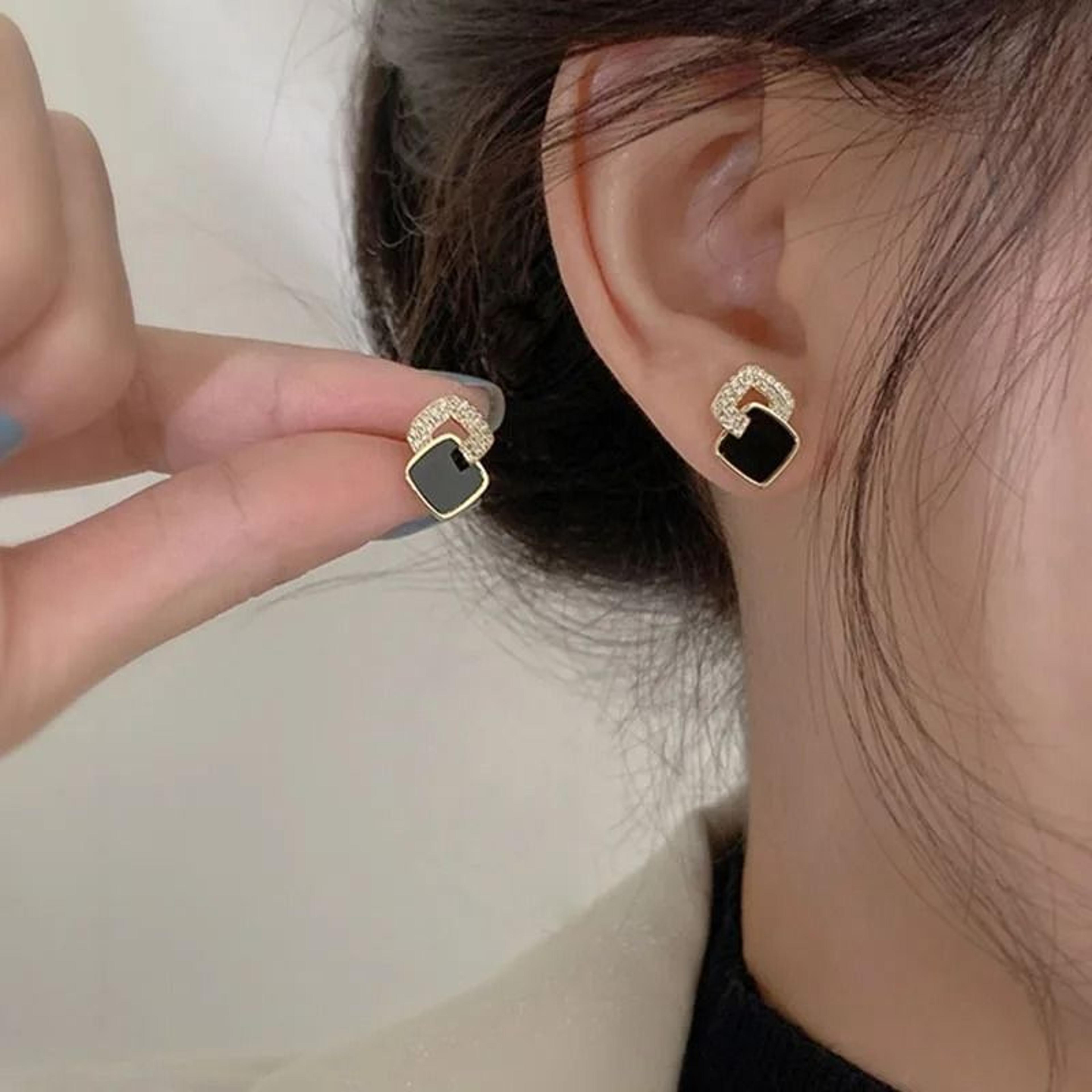 black zircon square stud earrings – shiny geometric statement jewelry for women