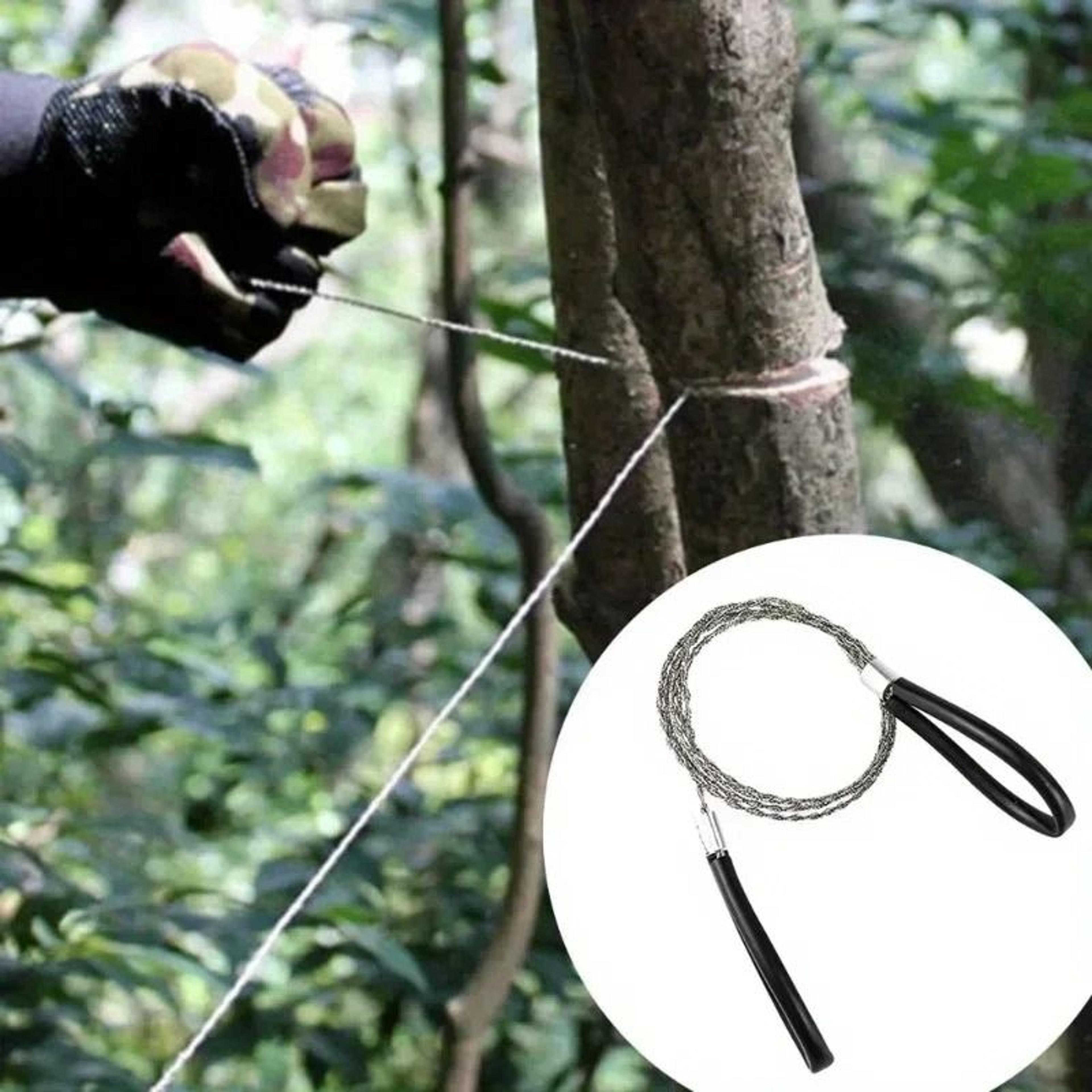 portable stainless steel wire saw with finger handles for camping, hiking, and survival