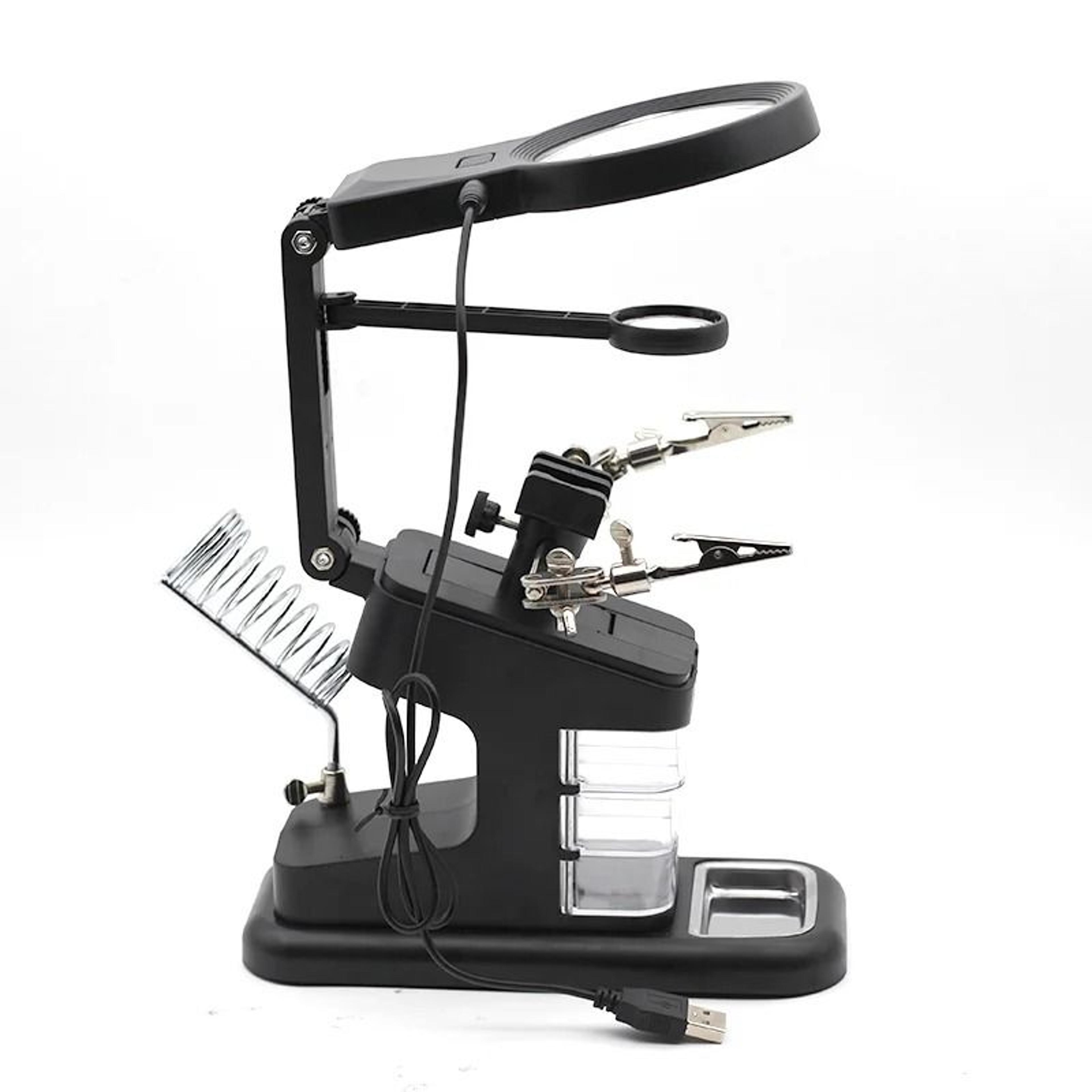 led magnifying glass with auxiliary clips and soldering stand