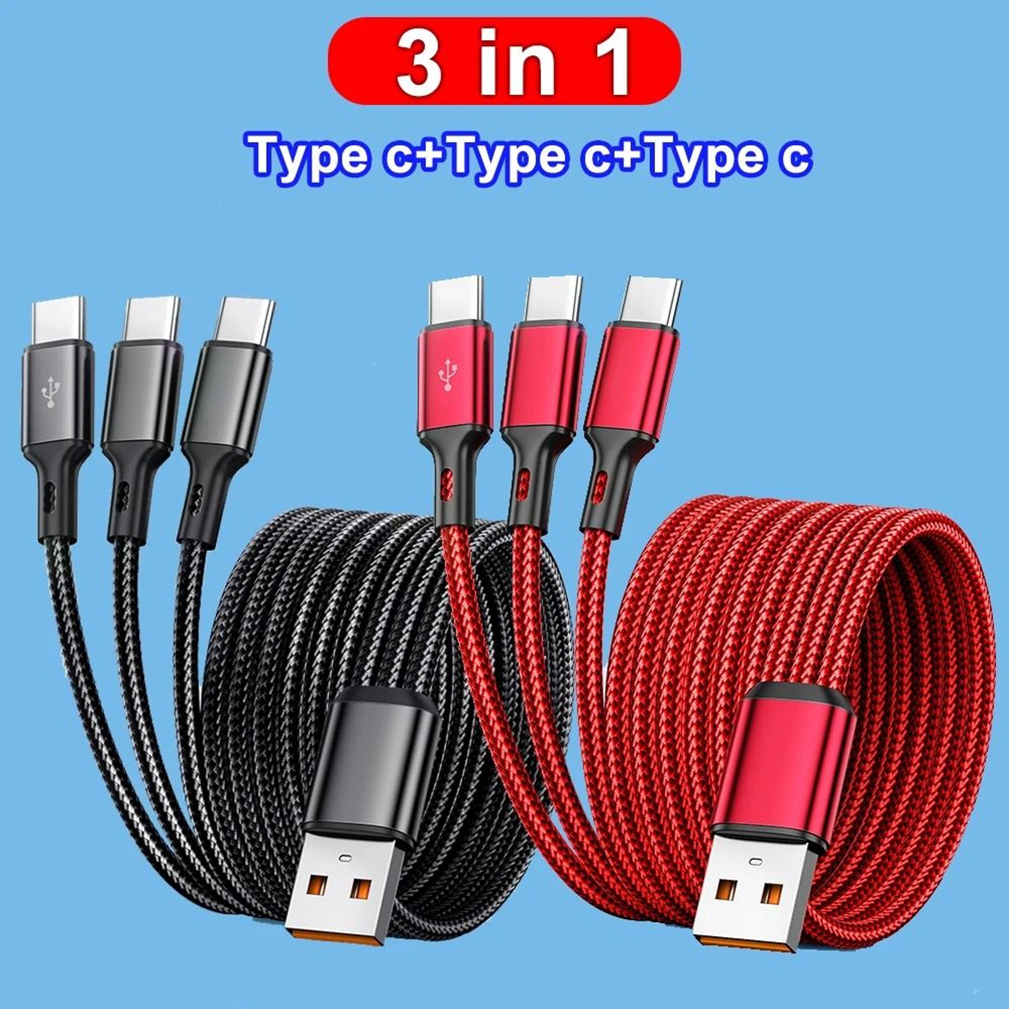 100w 3-in-1 fast charging cable with triple usb-c connectors