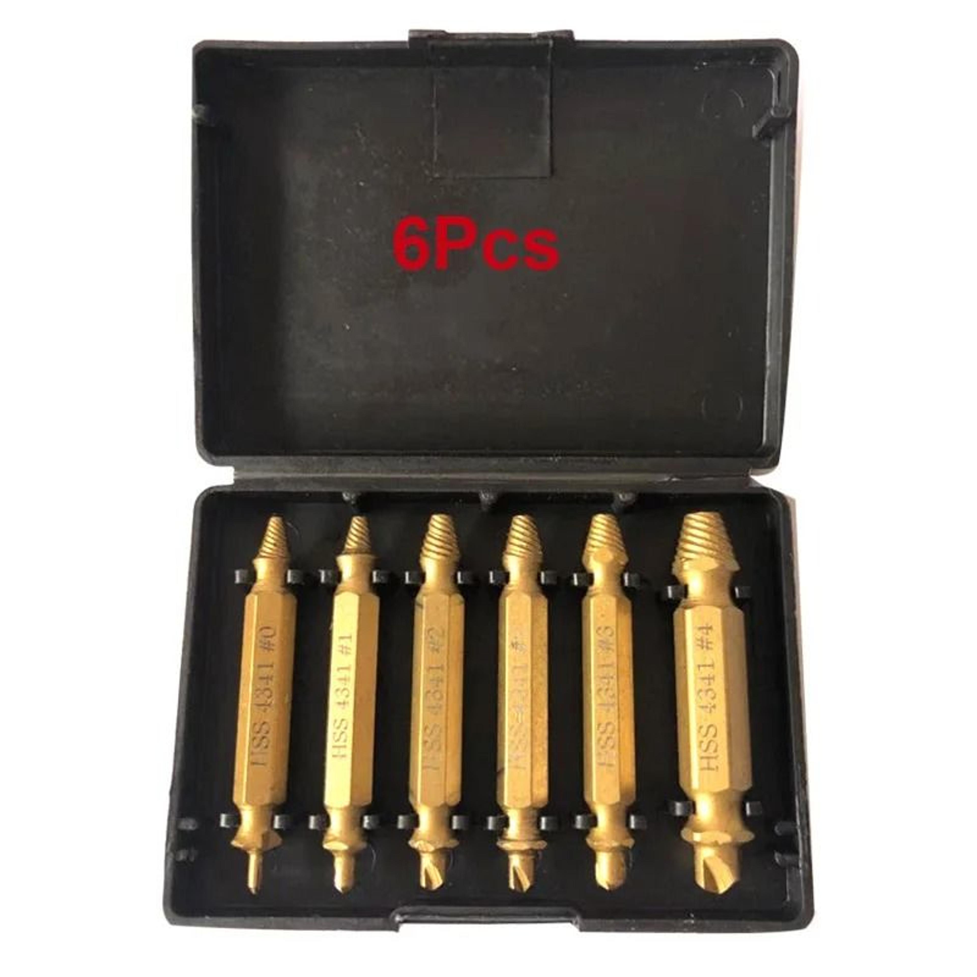 6 piece damaged screw extractor set for removing stripped or broken screws