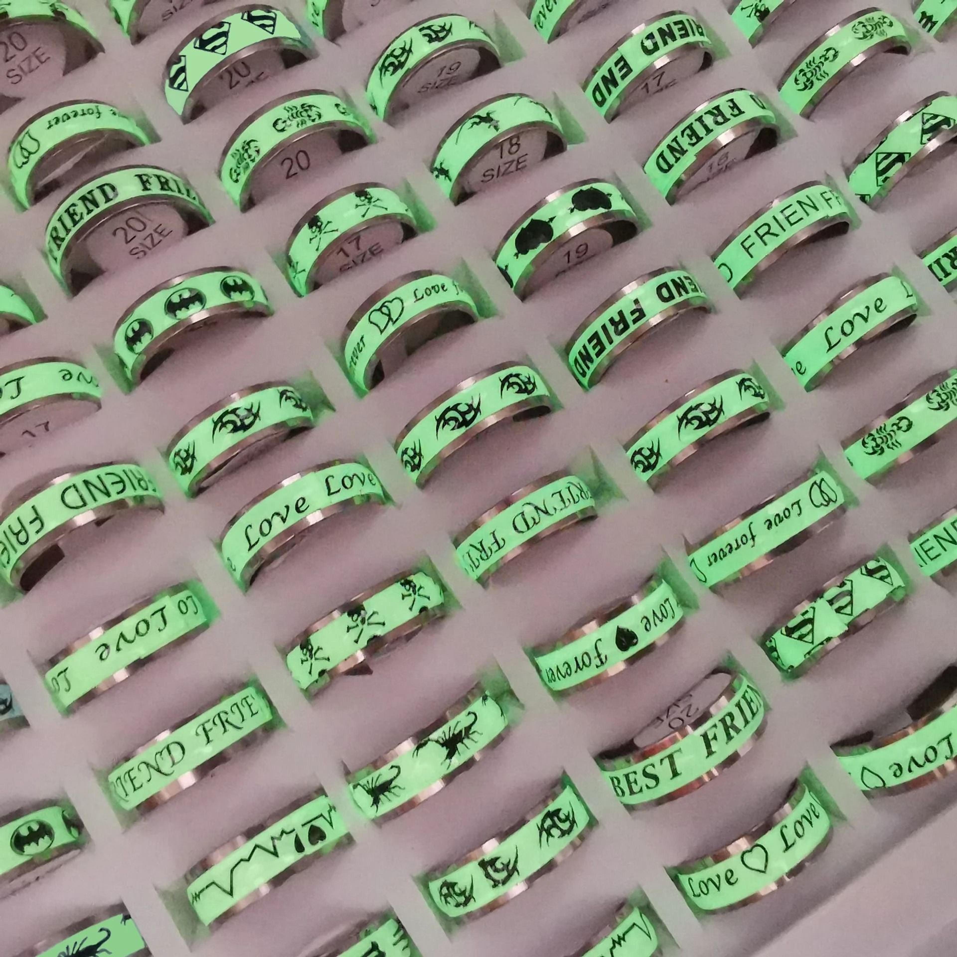 glow in the dark stainless steel ring set 10 piece mix