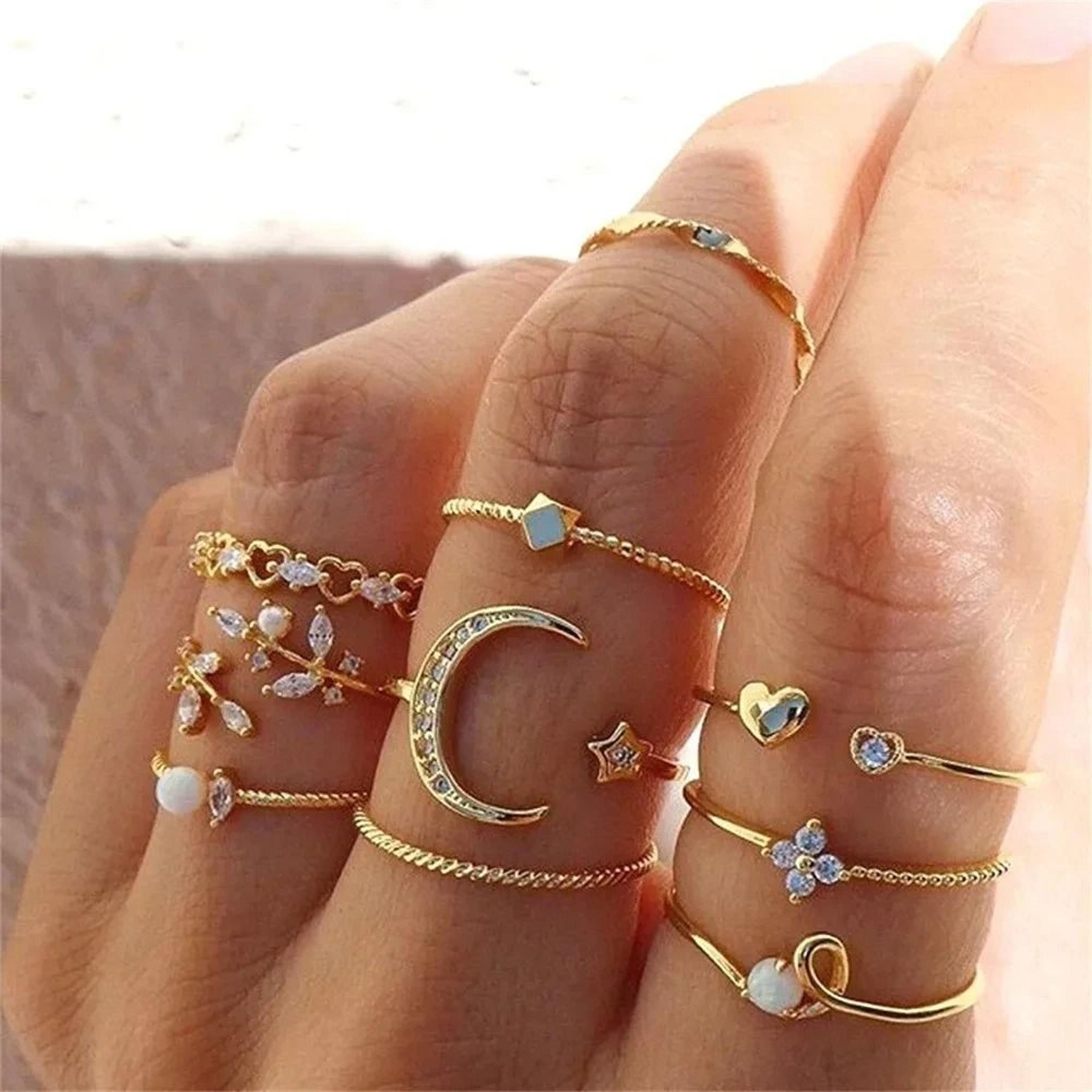 bohemian gold tone ring set for women 10 piece
