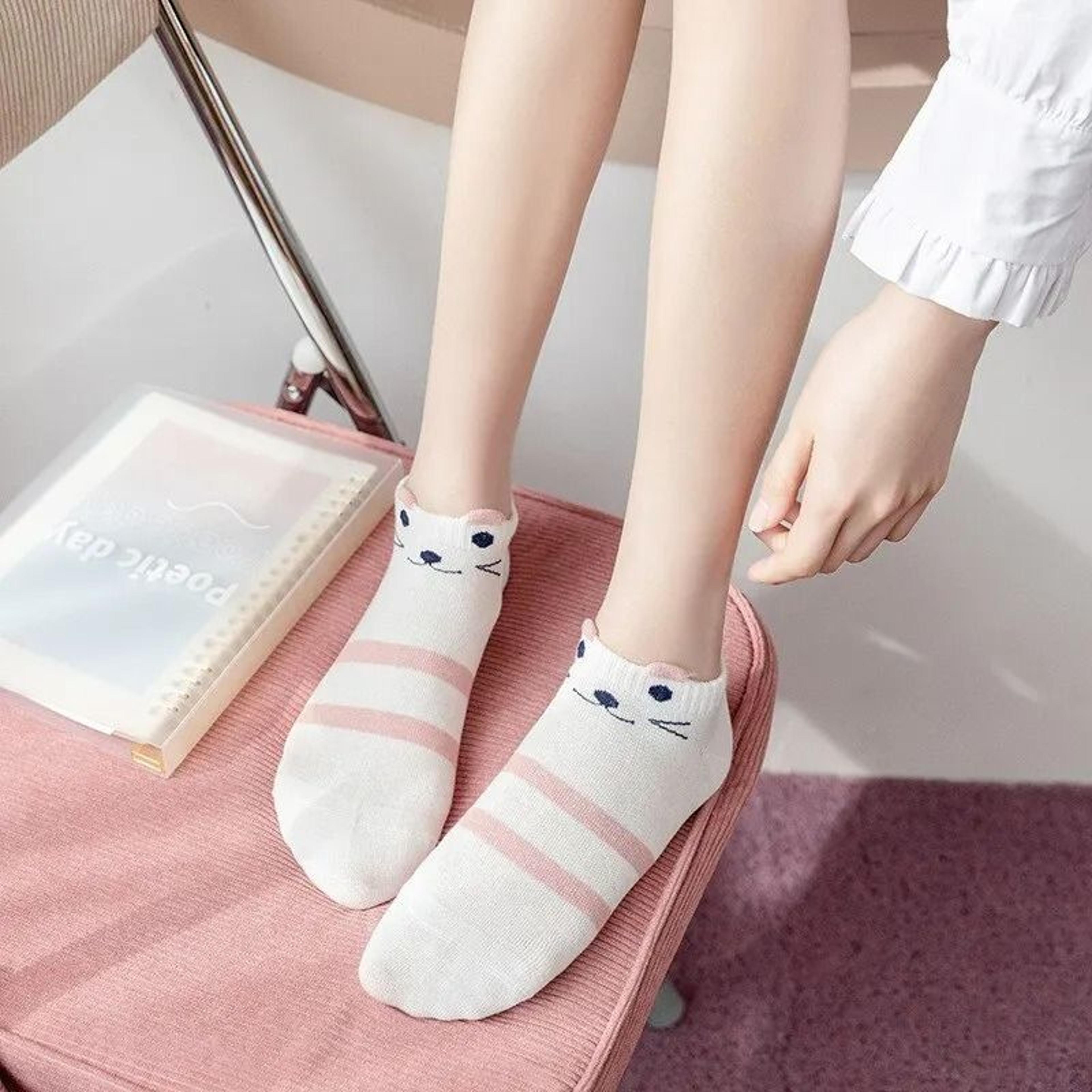 womens pink cat short tube socks cute low cut boat socks 5 pair set