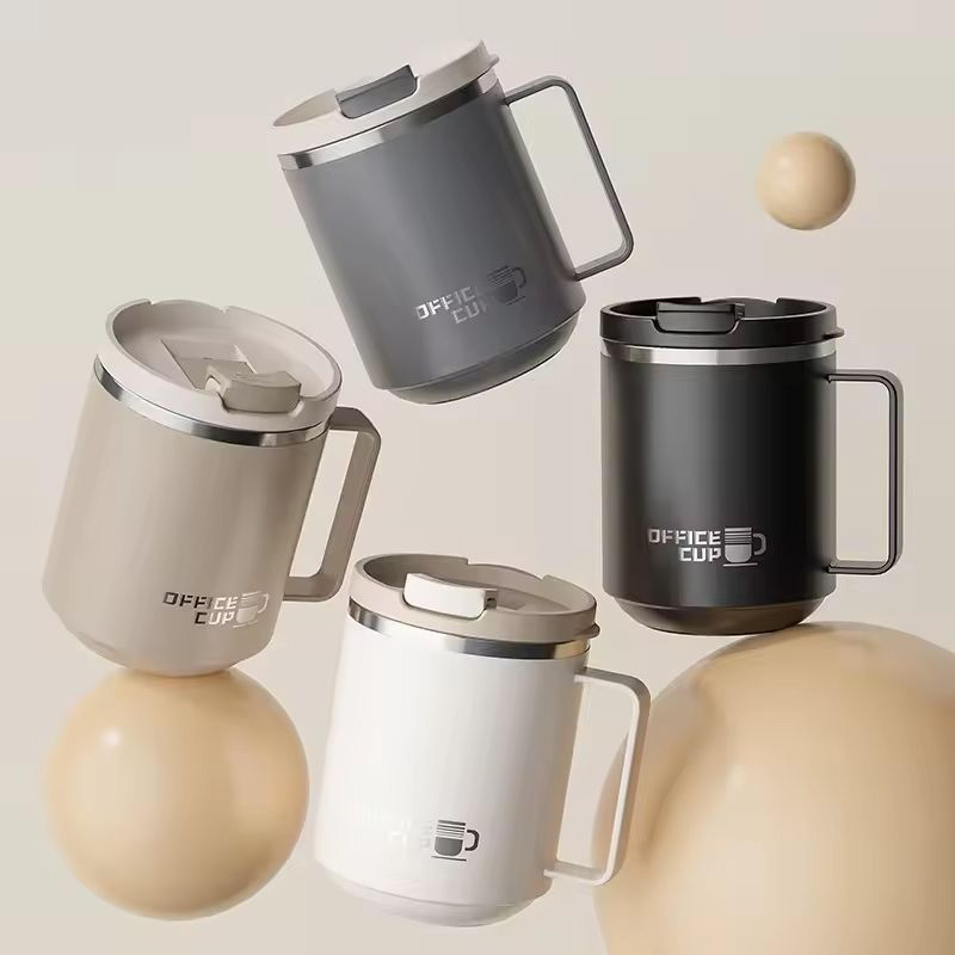 stainless steel insulated coffee mug with handle and leak proof lid for hot and cold drinks
