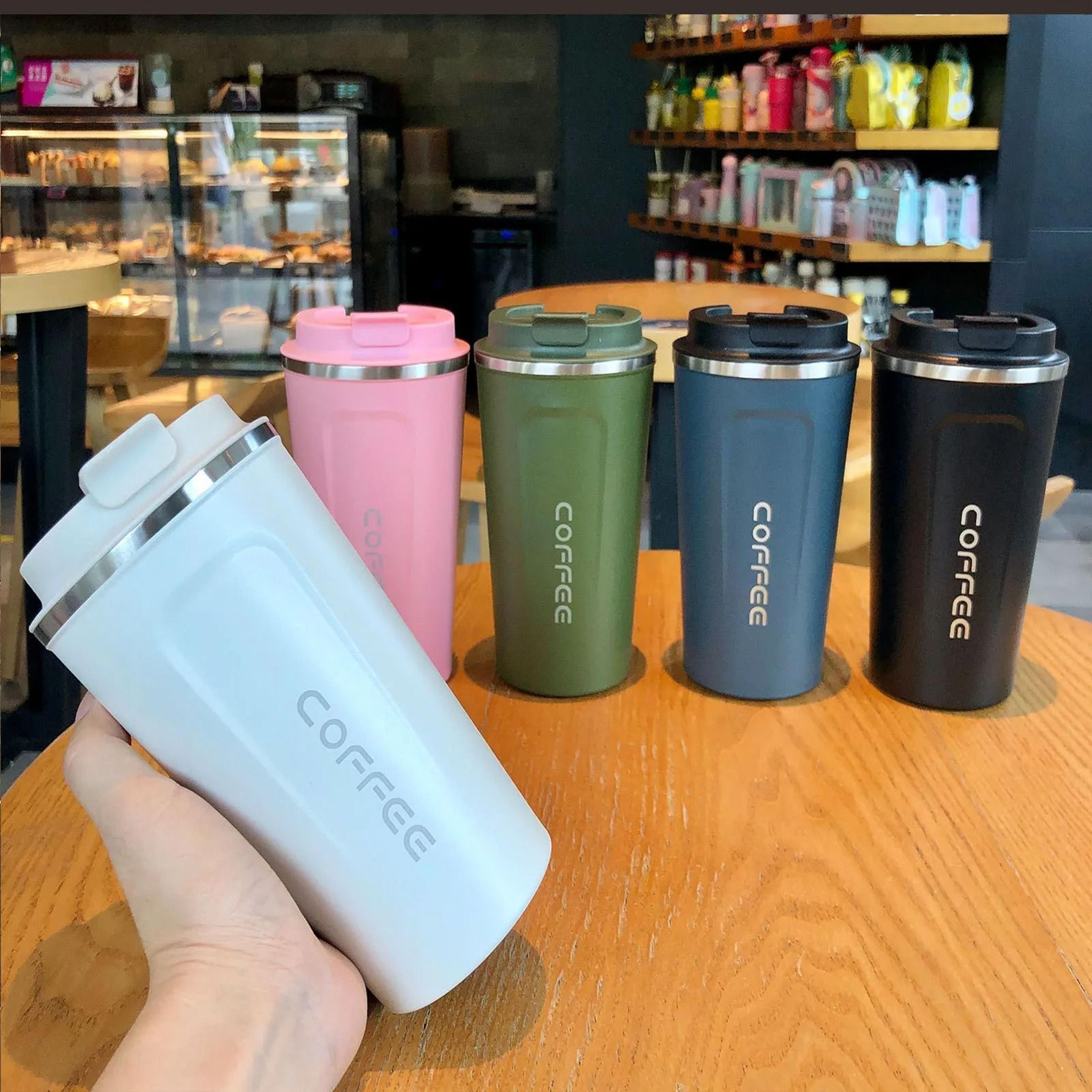 leak proof stainless steel travel thermos mug for hot and cold drinks in 380 and 510 ml sizes