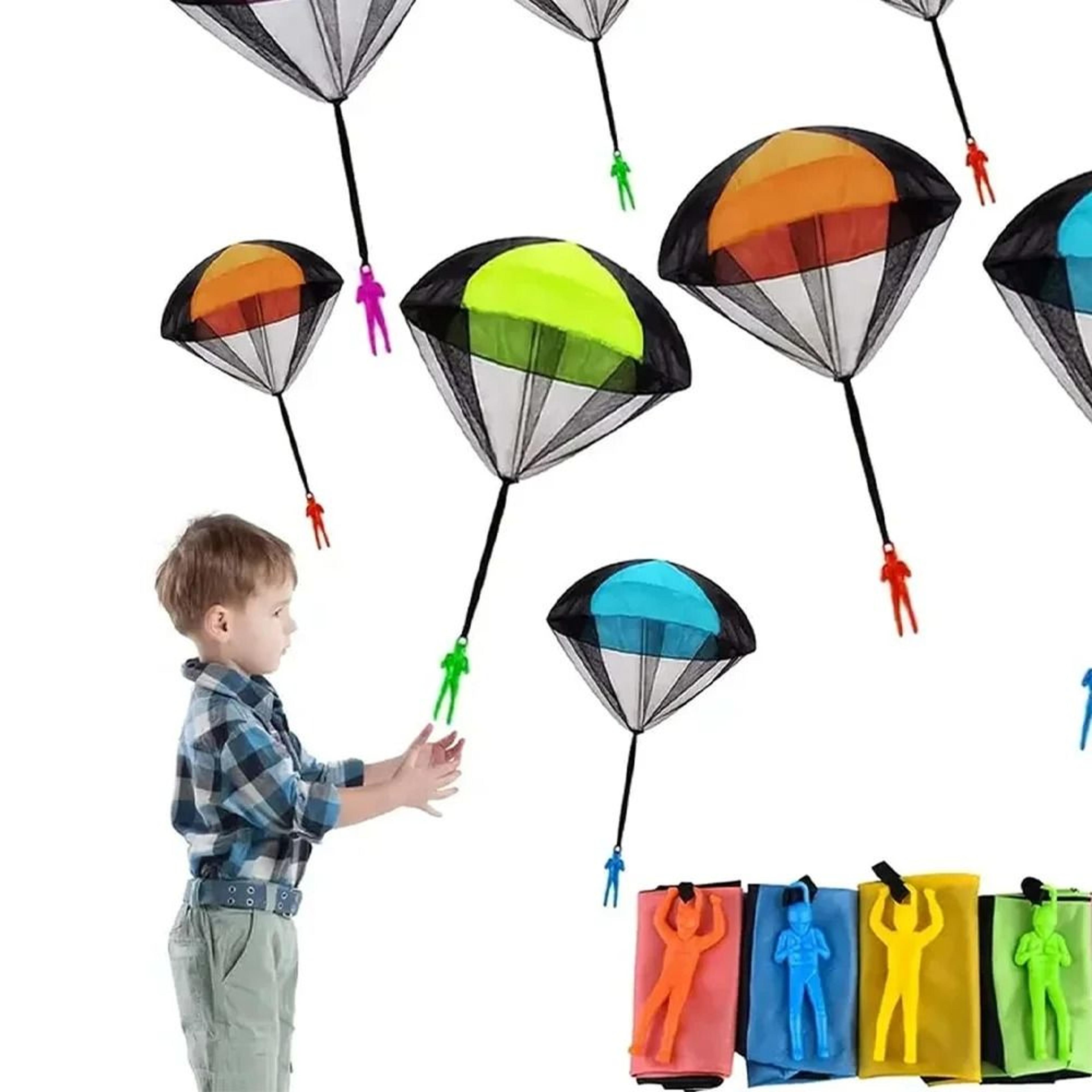 kids throwing parachute toy set with mini soldier figures for outdoor play