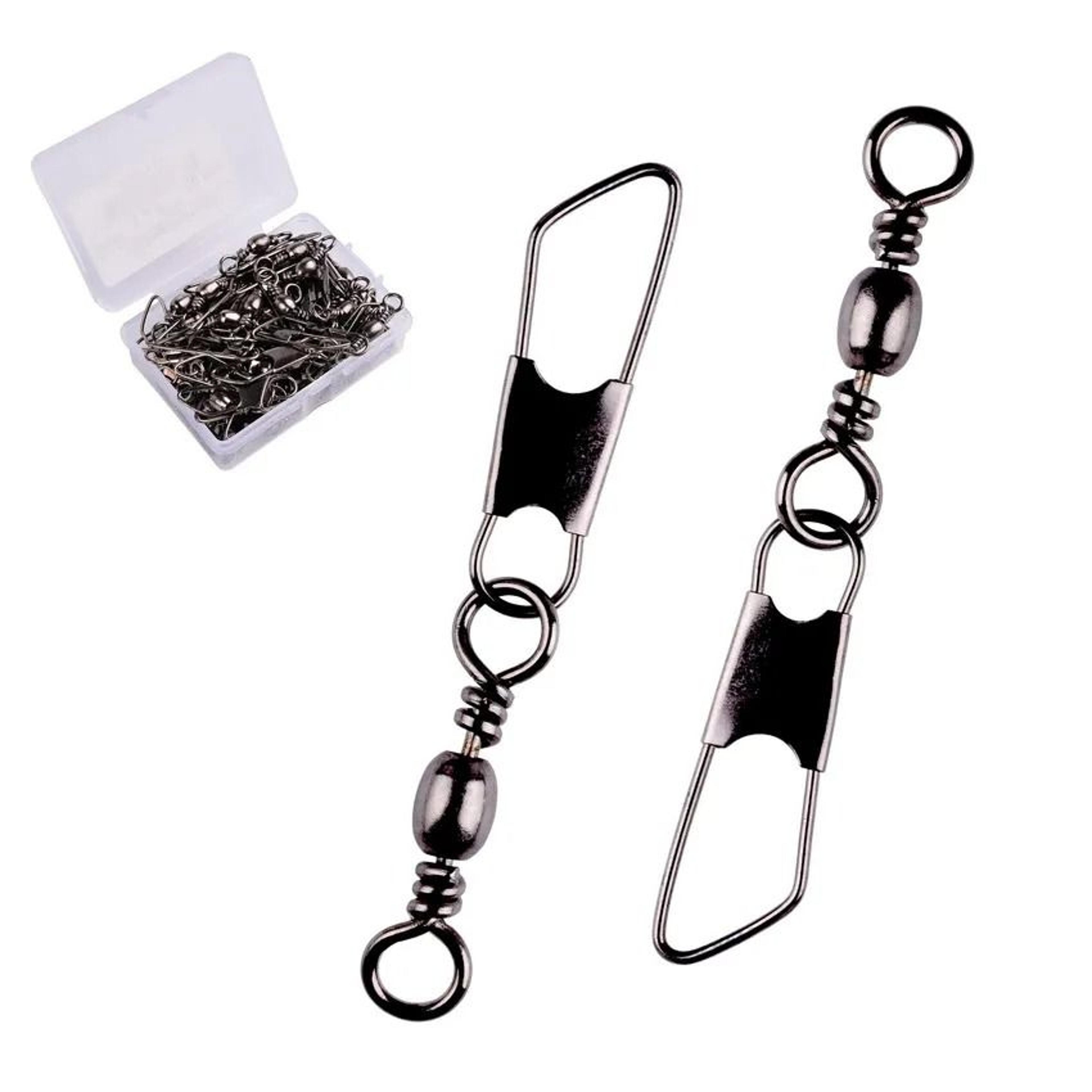50 piece fishing swivel set with brass barrel swivels and snap connectors in storage box