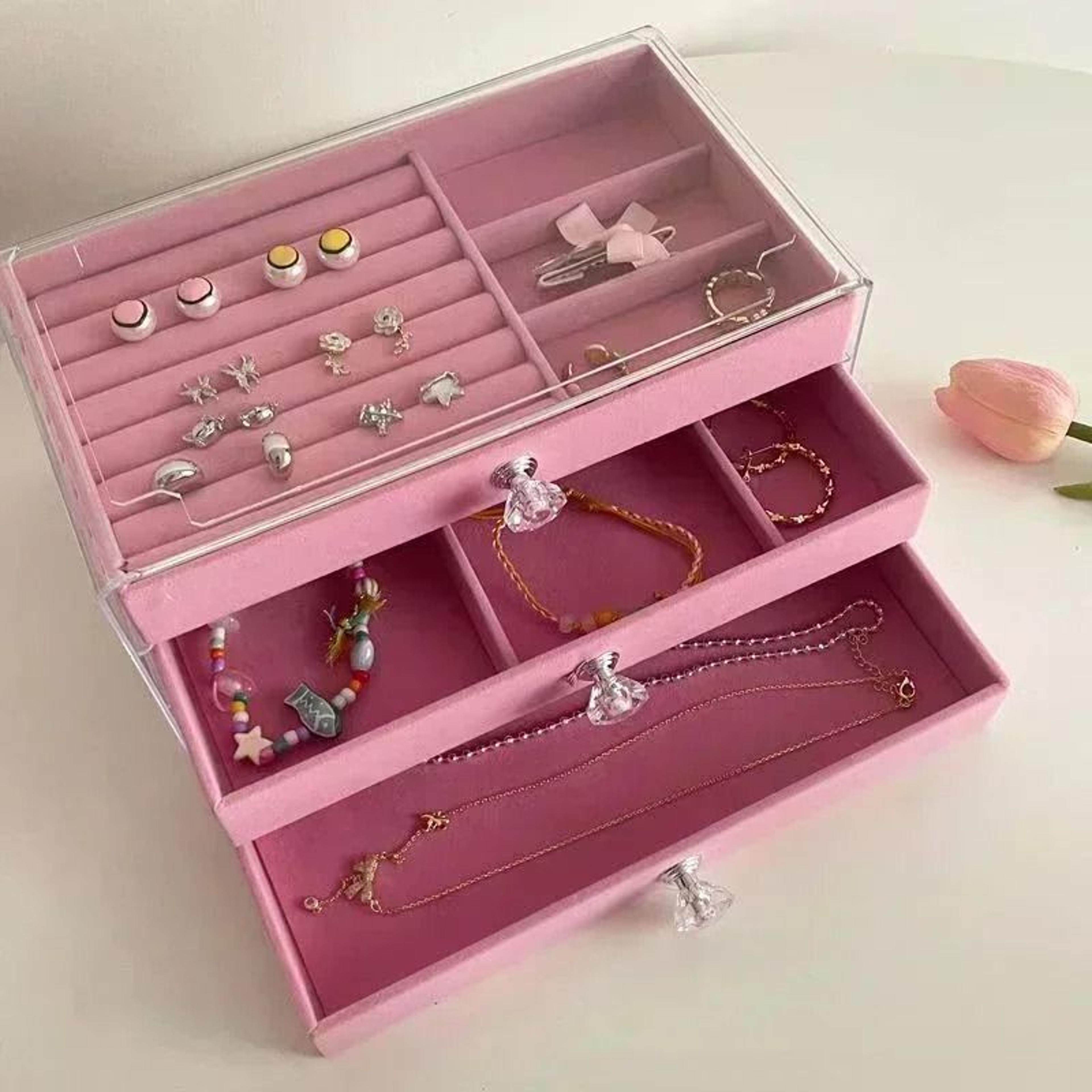 3 tier dust proof acrylic jewelry organizer box in pink
