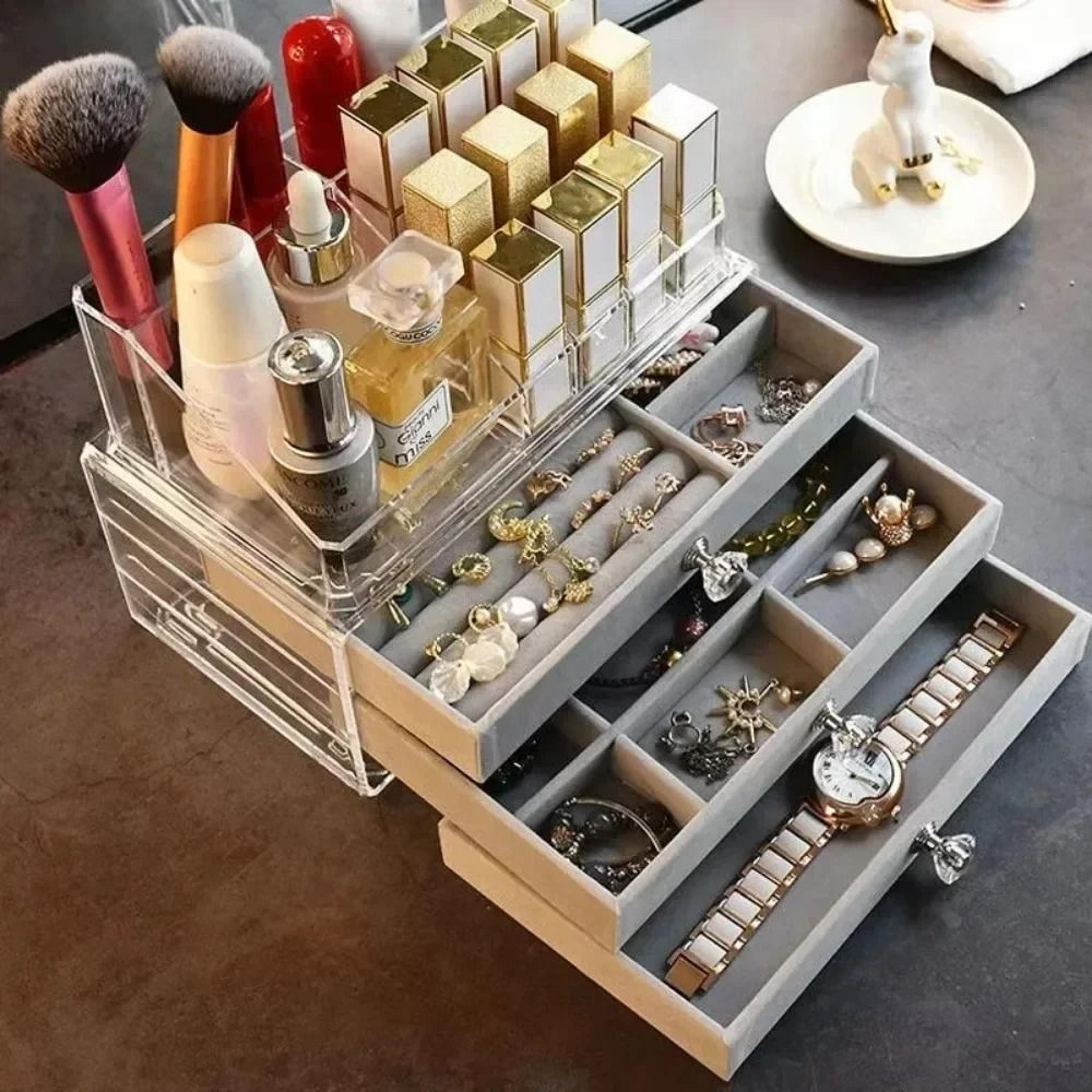 velvet acrylic jewelry organizer with 3 drawers in grey