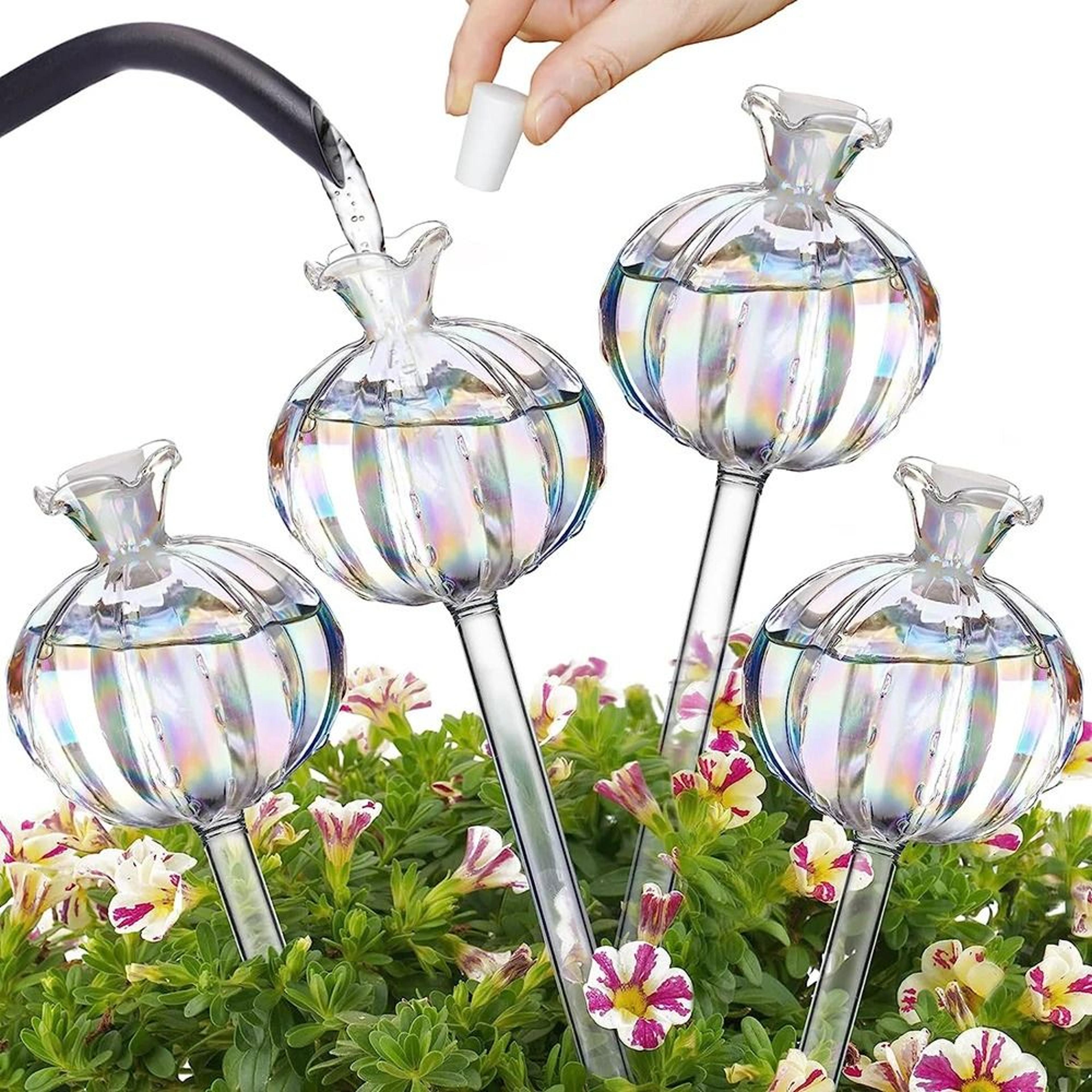 glass pomegranate flower plant watering globes lazy self watering drippers set of 2