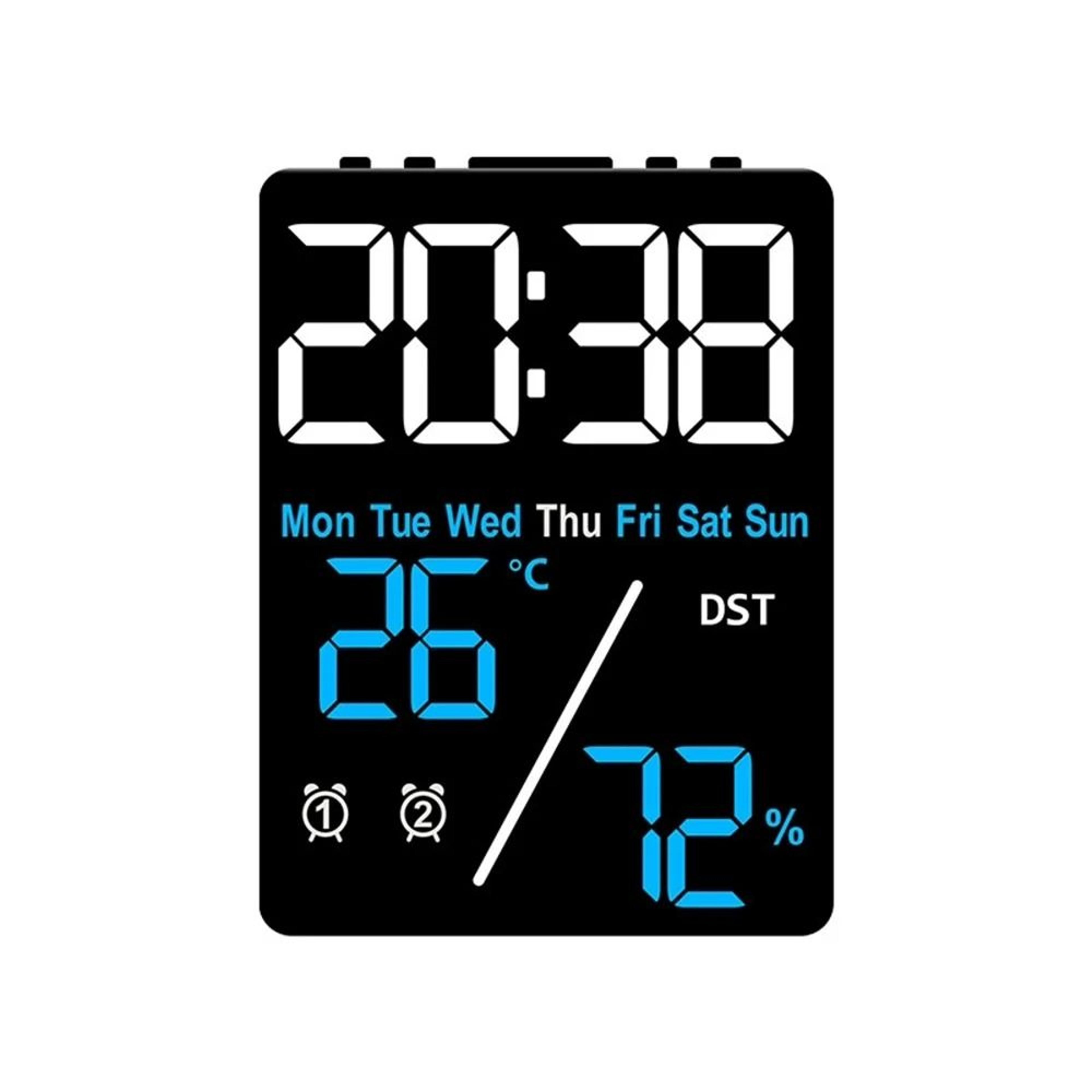 digital alarm clock with temperature humidity date and dual alarms led display