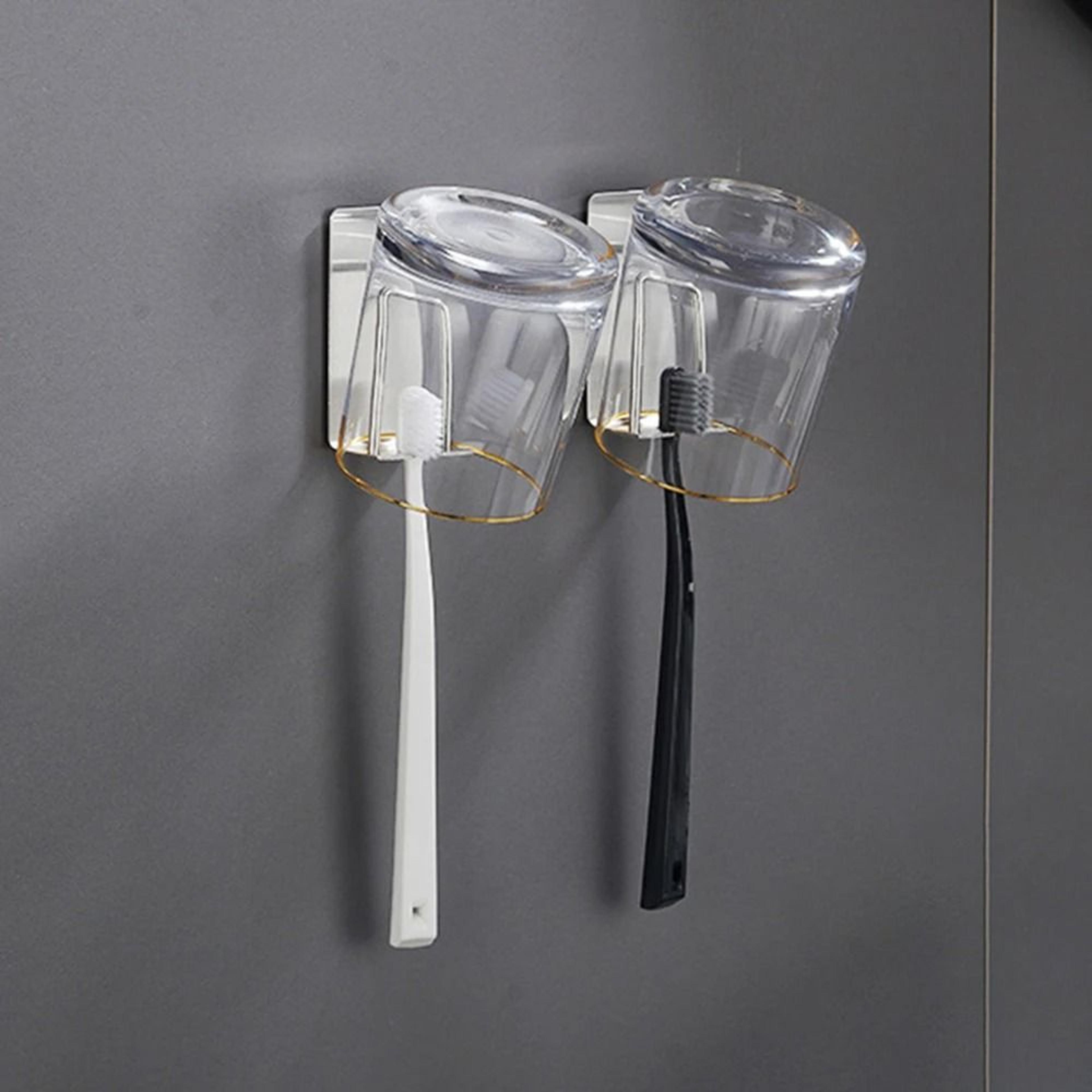 stainless steel toothbrush and cup wall hook self adhesive bathroom organizer