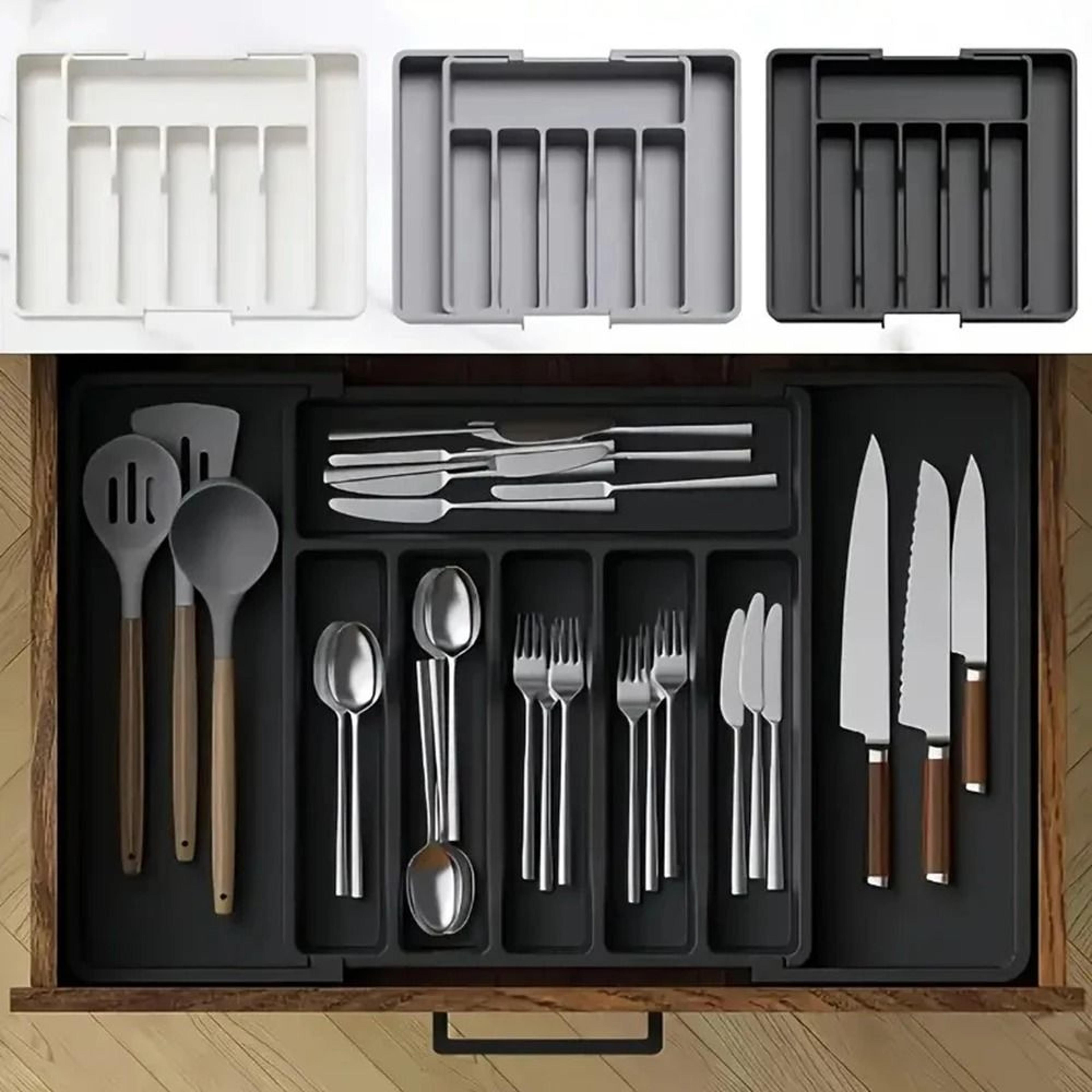 expandable cutlery organizer tray for kitchen drawers with compartments