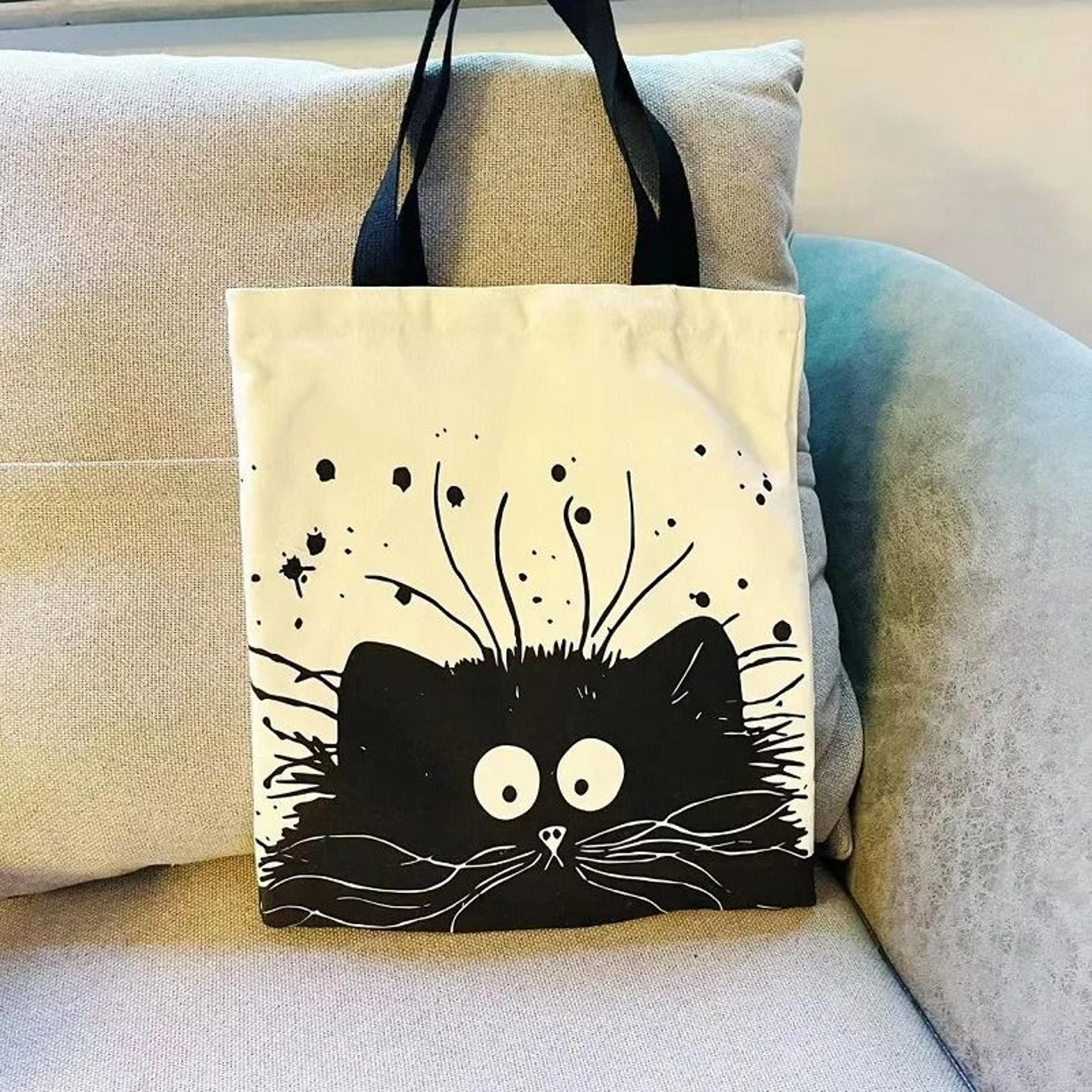 cute cat canvas tote bag with zipper shoulder shopping bag for students and daily use