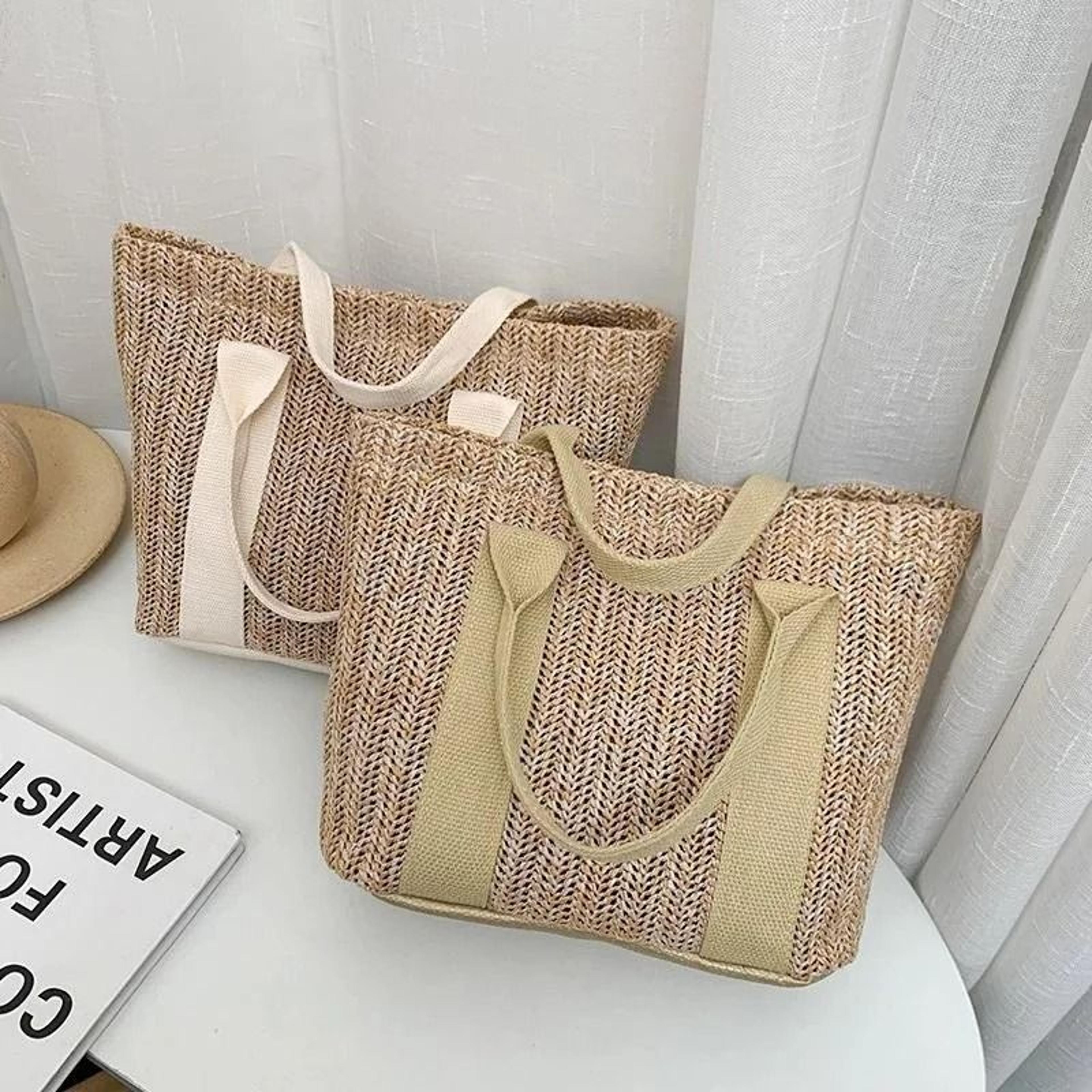 color block straw tote bag with zipper summer handbag for women lightweight shoulder bag