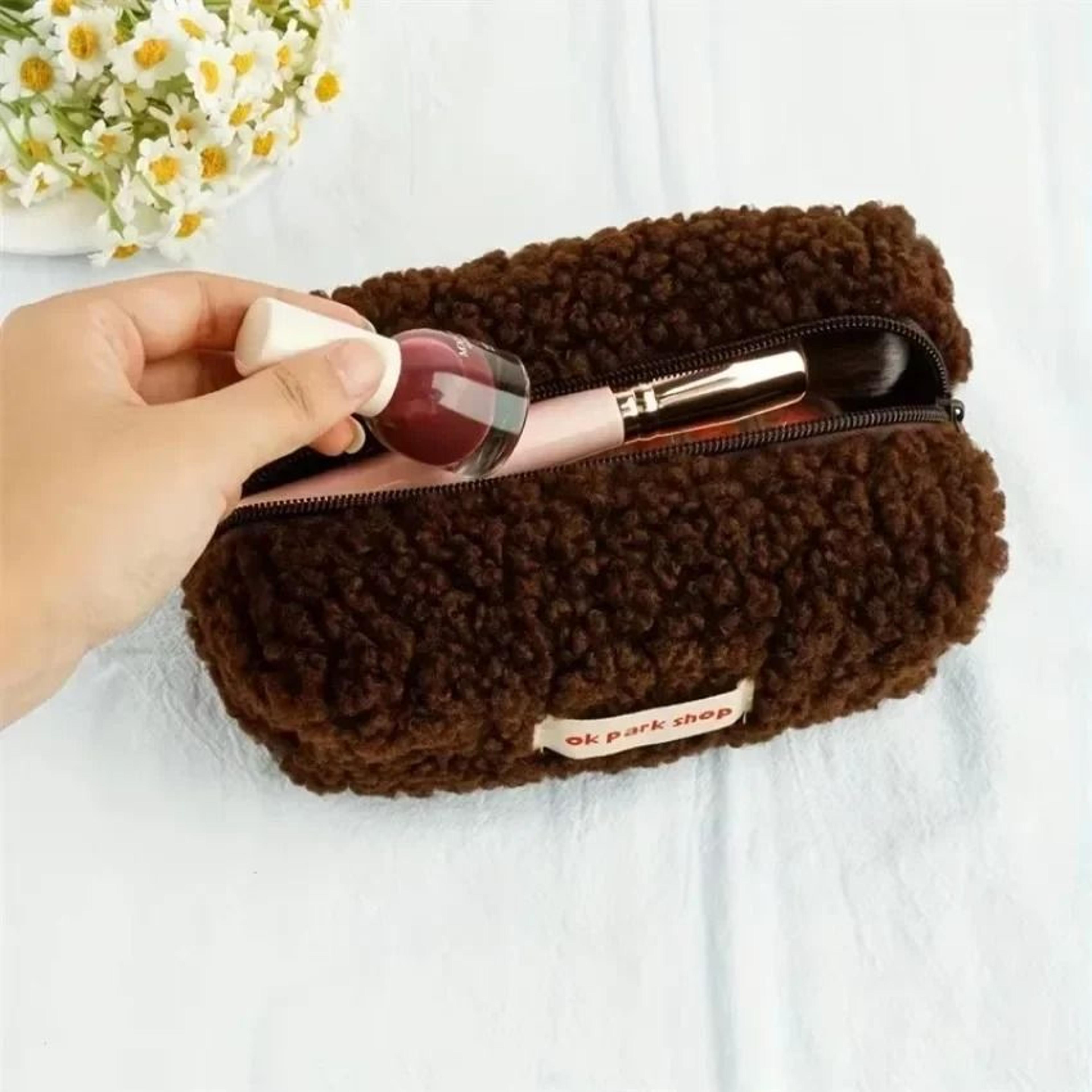 plush cosmetic bag with zipper large capacity makeup and travel storage pouch