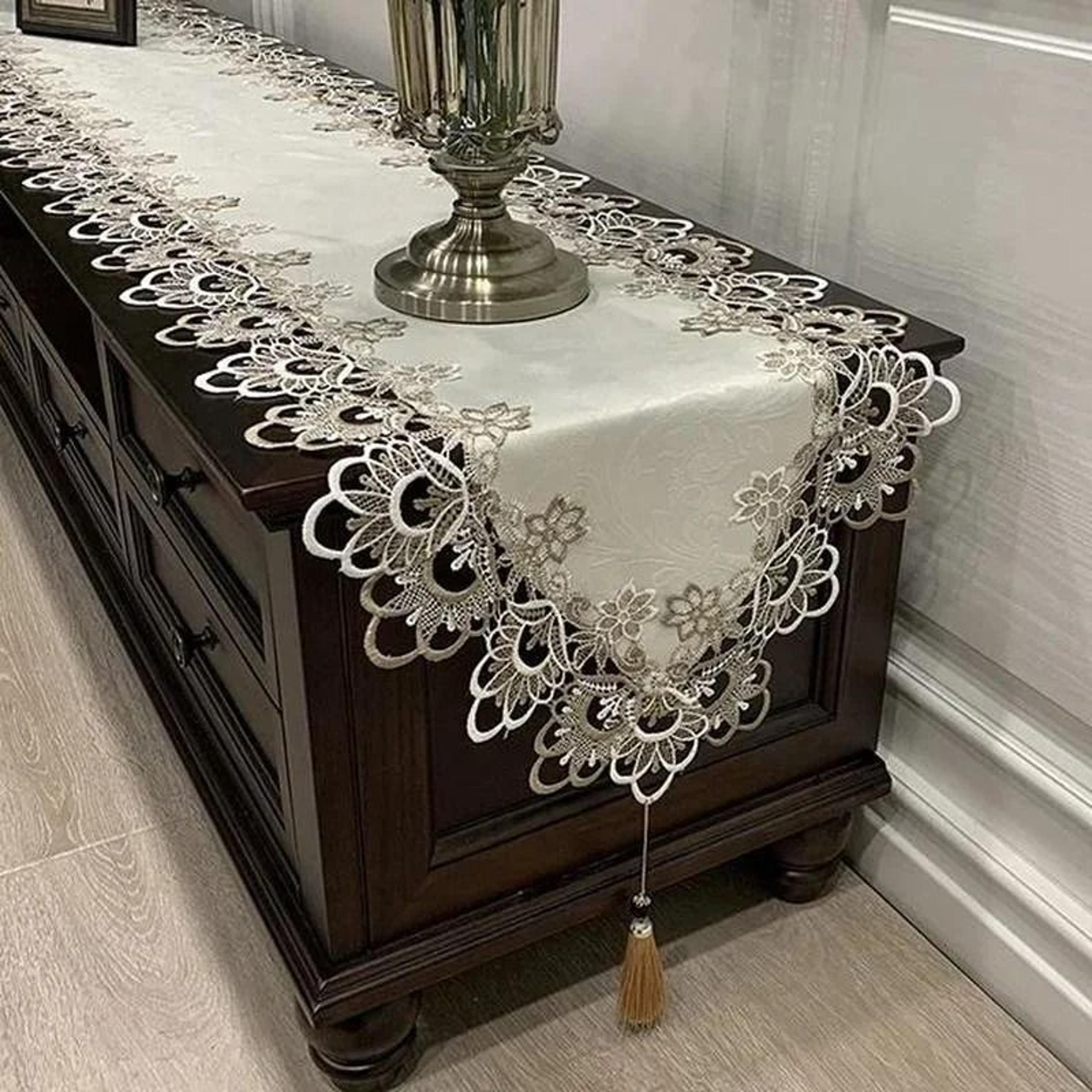 elegant white lace embroidered table runner